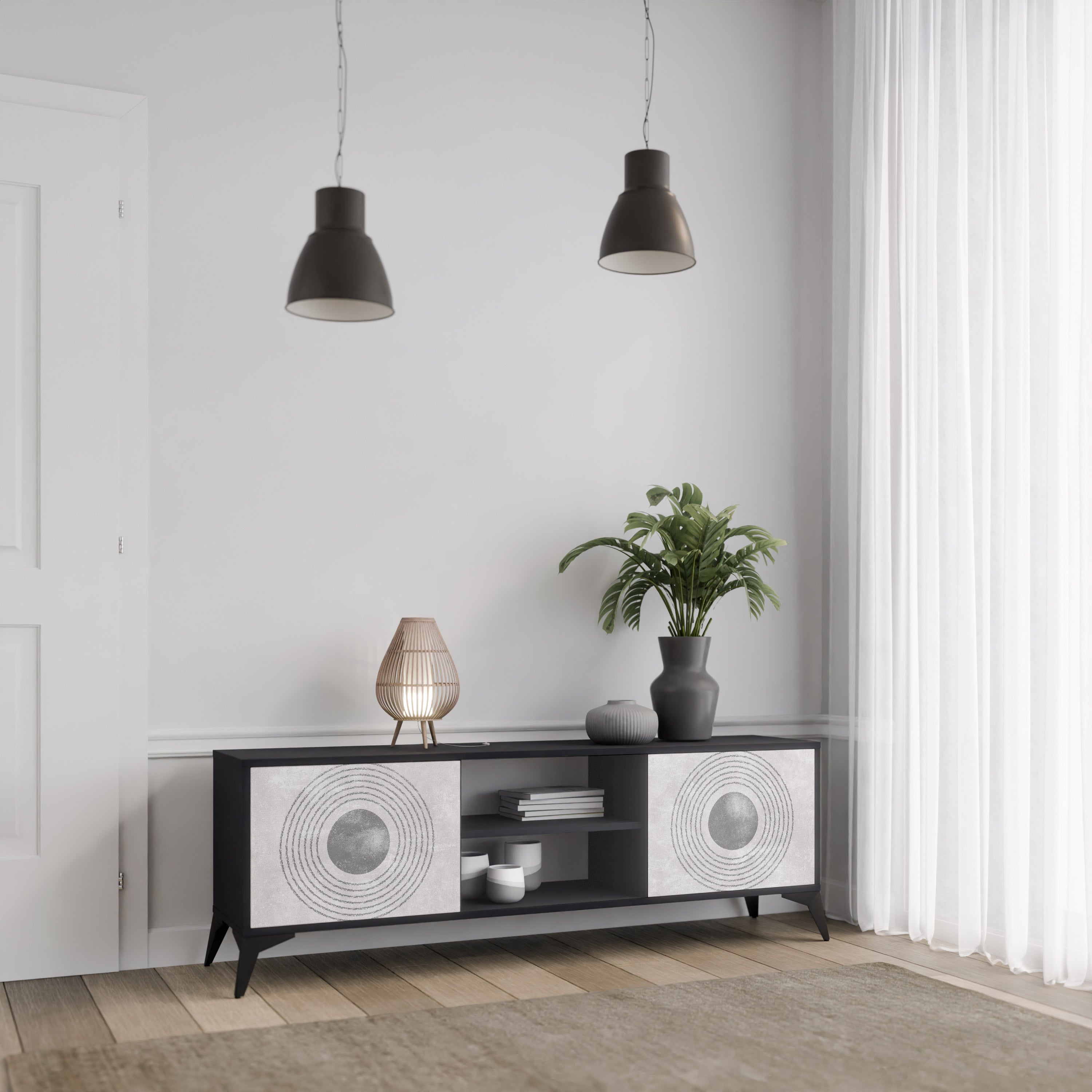 Mueble de TV de 2 puertas SOLID CIRCLES en acabado negro