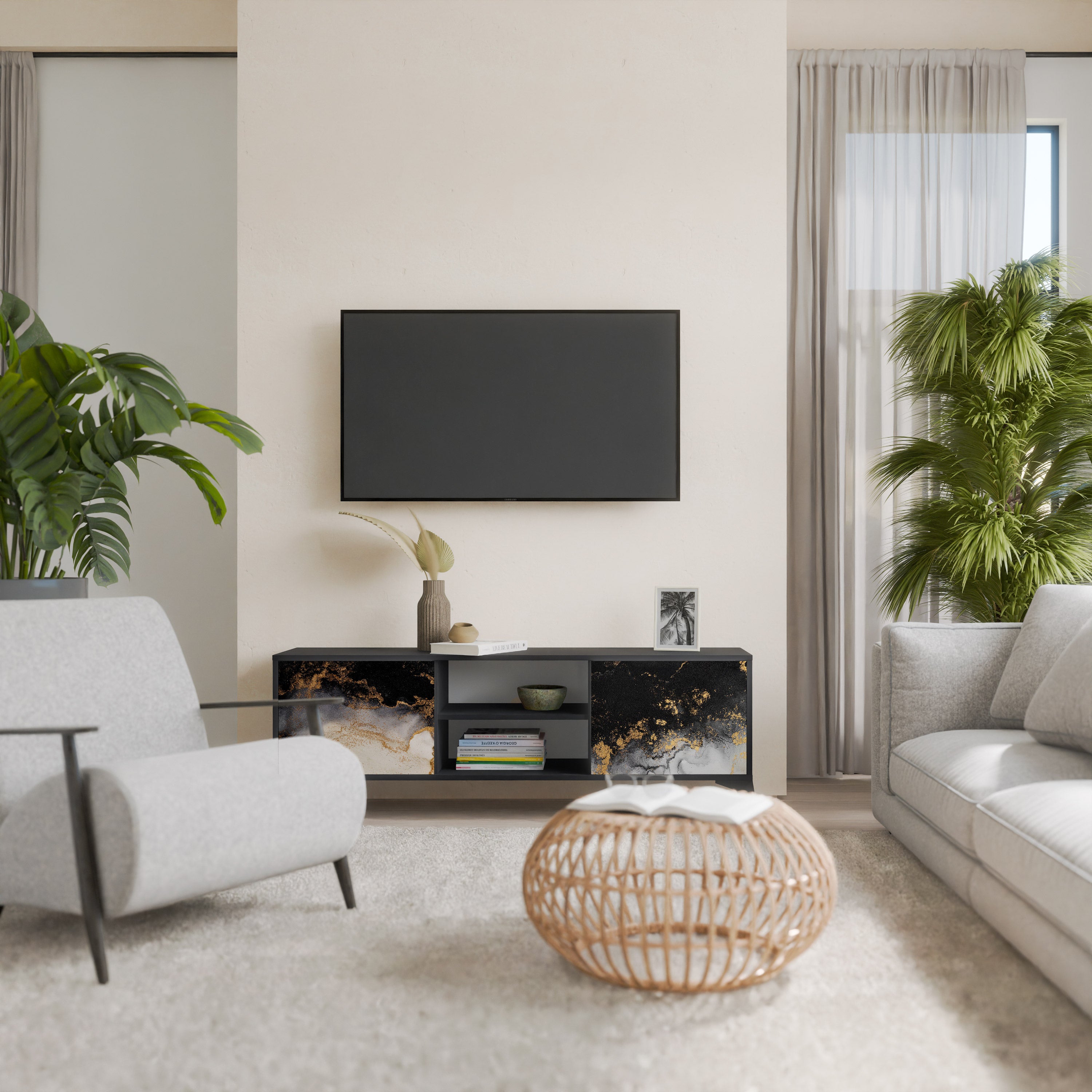 Mueble de TV de 2 puertas MARBLE OF TOMORROW en acabado negro