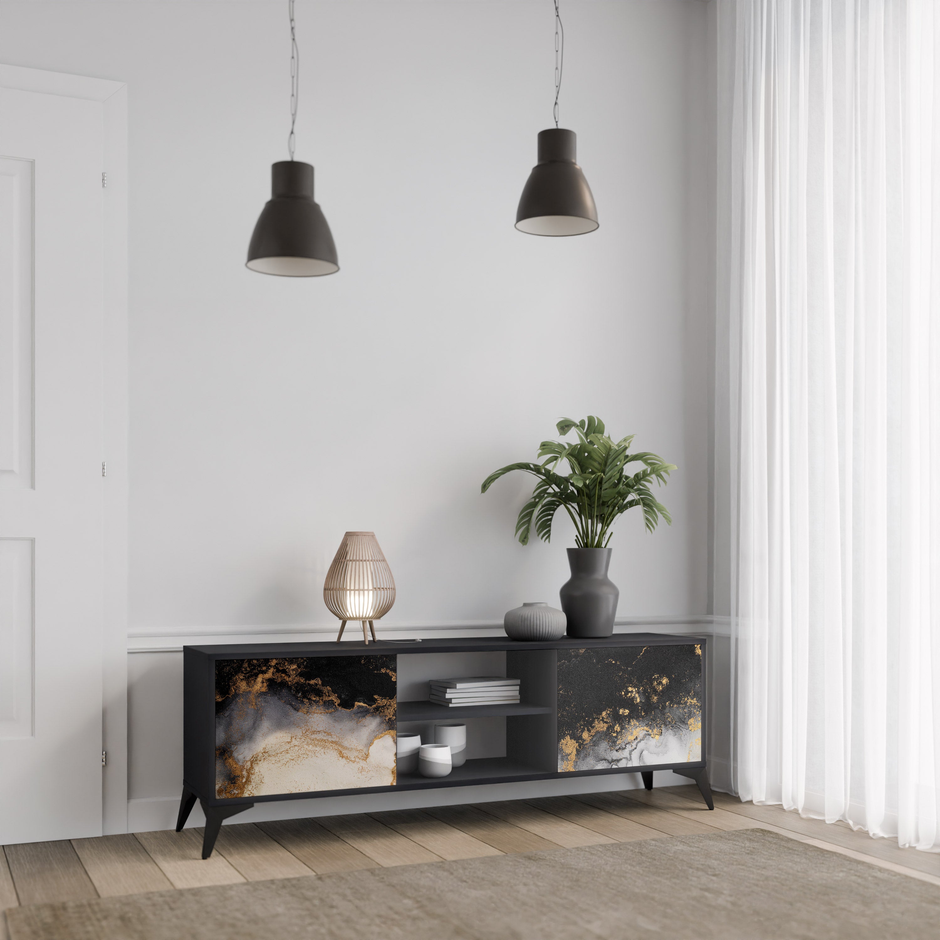 Mueble de TV de 2 puertas MARBLE OF TOMORROW en acabado negro
