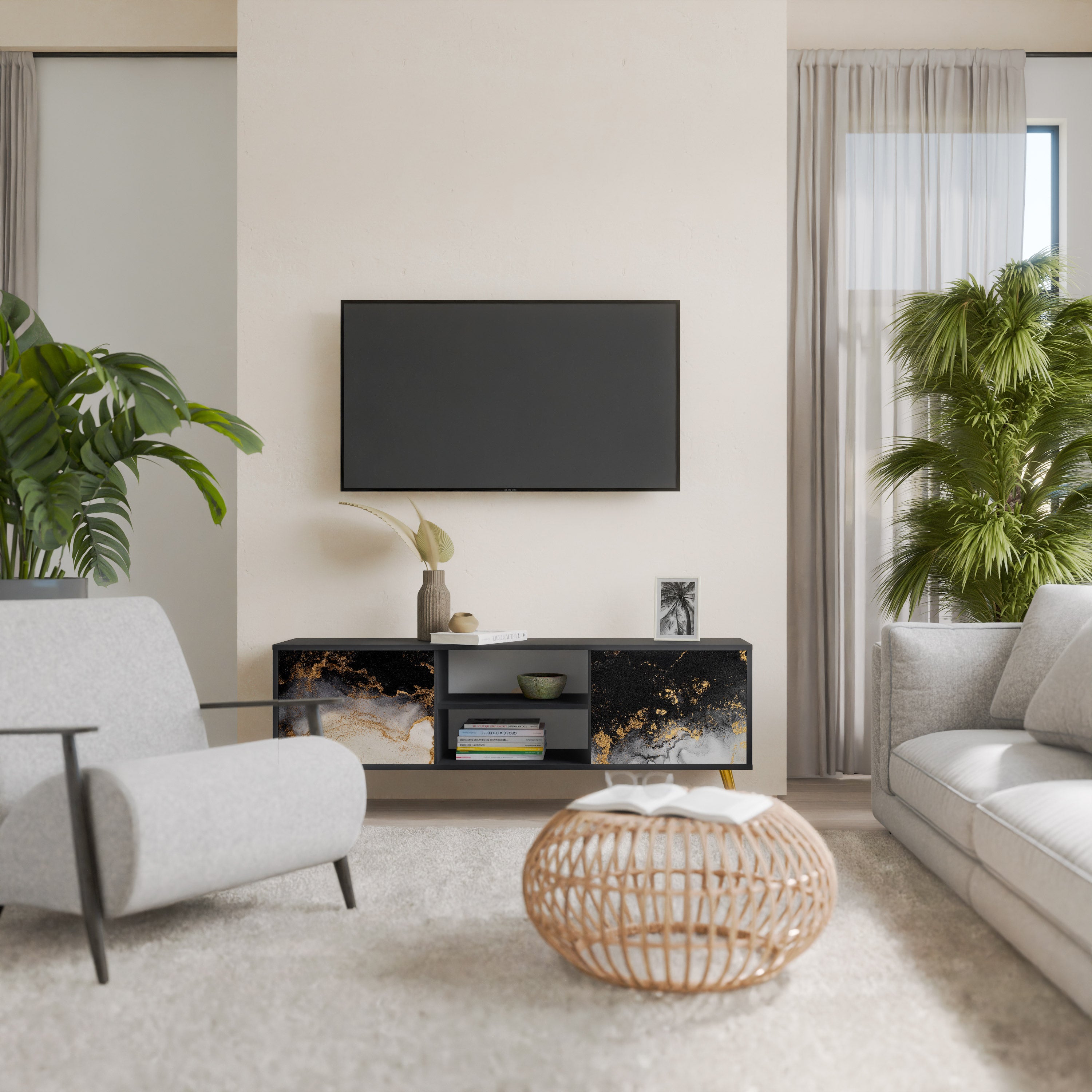 Mueble de TV de 2 puertas MARBLE OF TOMORROW en acabado negro