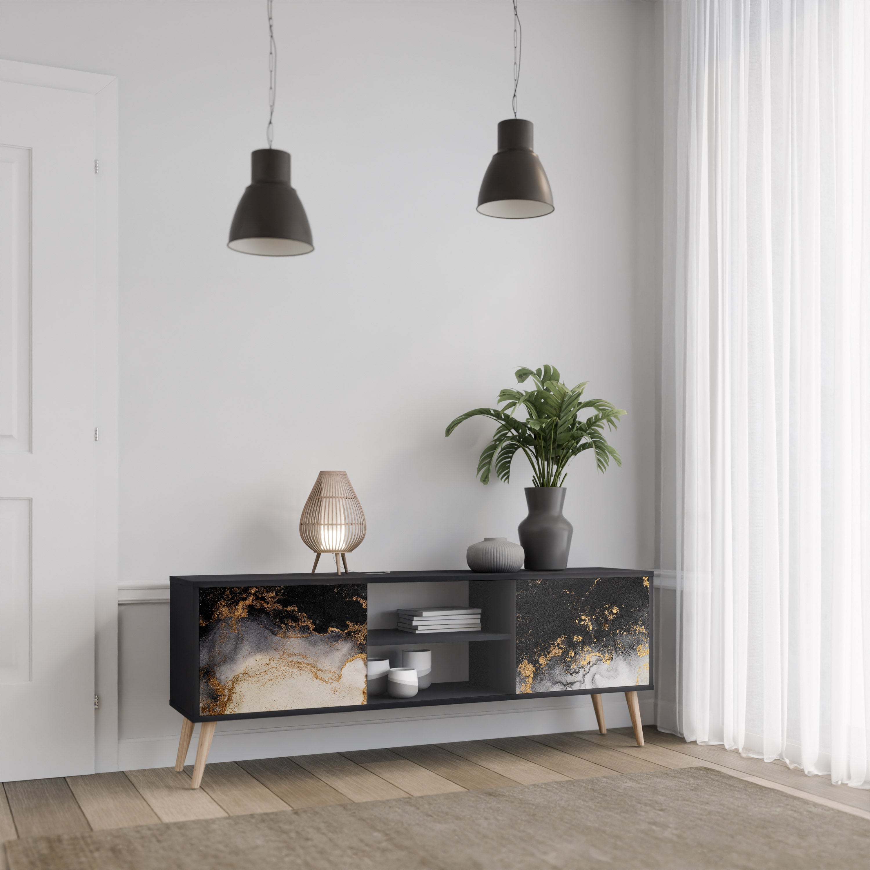 Mueble de TV de 2 puertas MARBLE OF TOMORROW en acabado negro