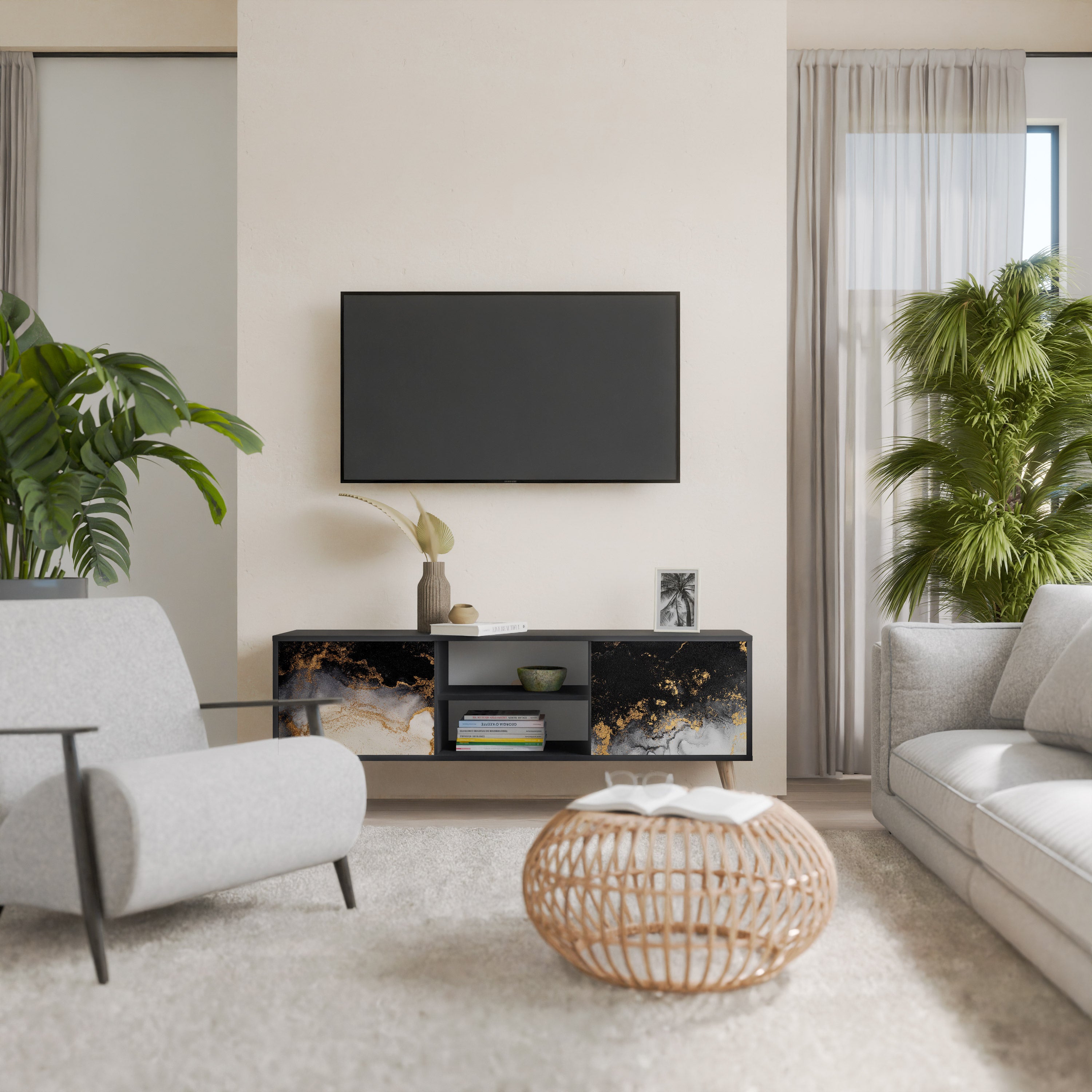 Mueble de TV de 2 puertas MARBLE OF TOMORROW en acabado negro