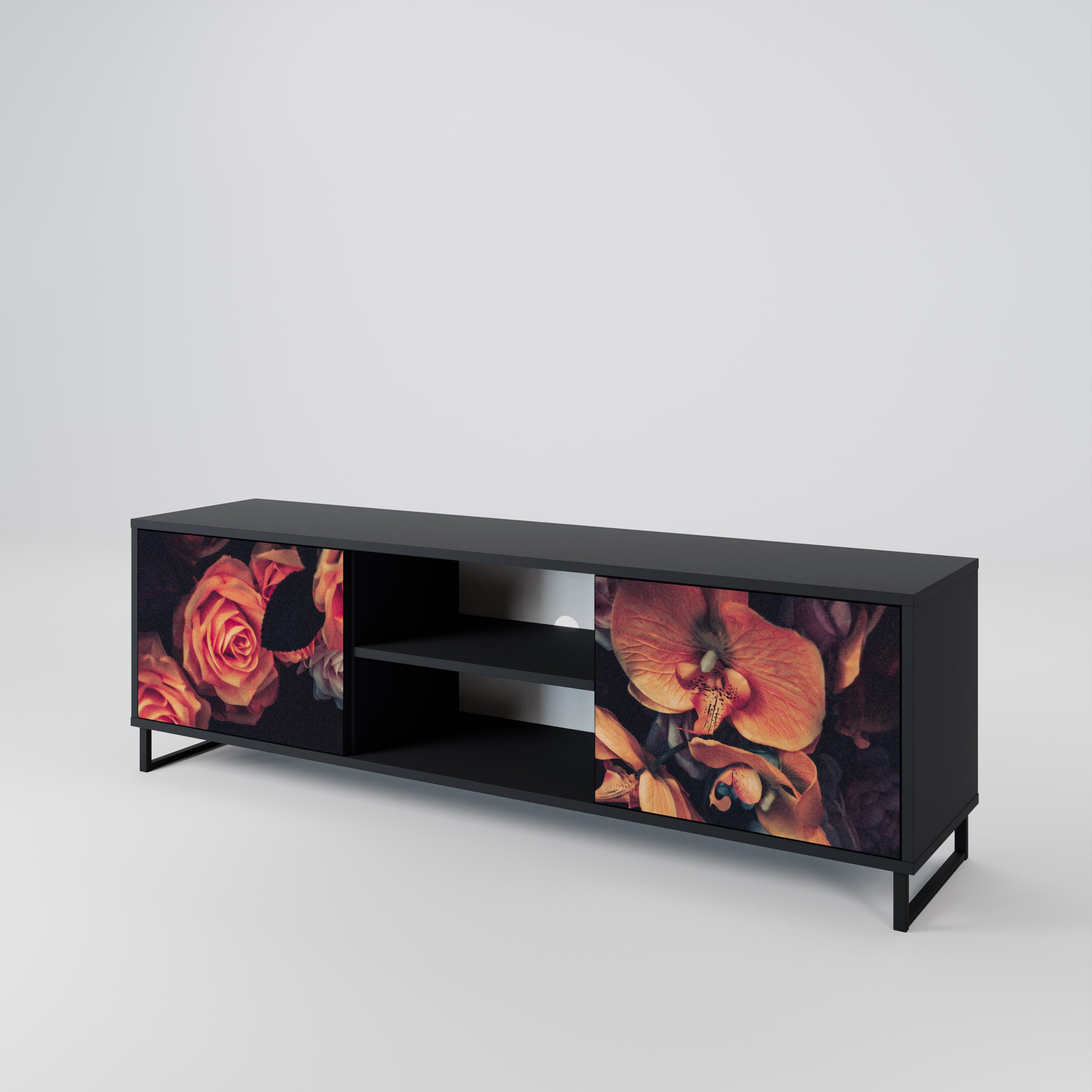 Mueble de TV de 2 puertas NEVERENDING BLOOM con acabado negro