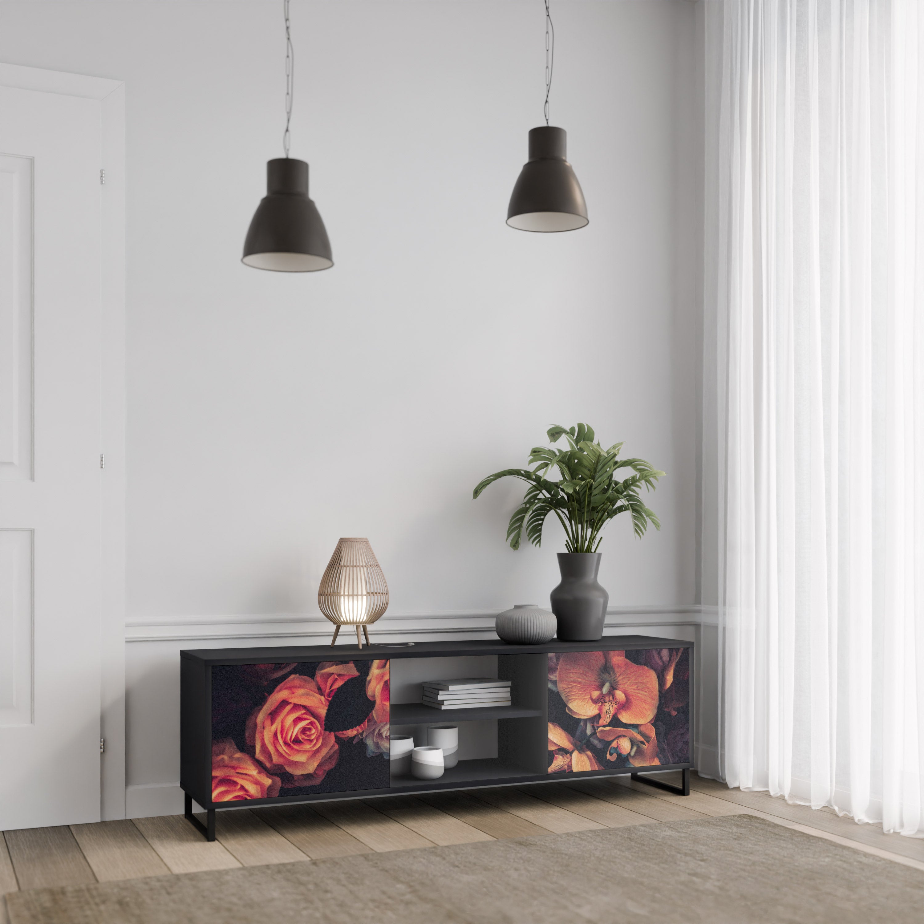 Mueble de TV de 2 puertas NEVERENDING BLOOM con acabado negro