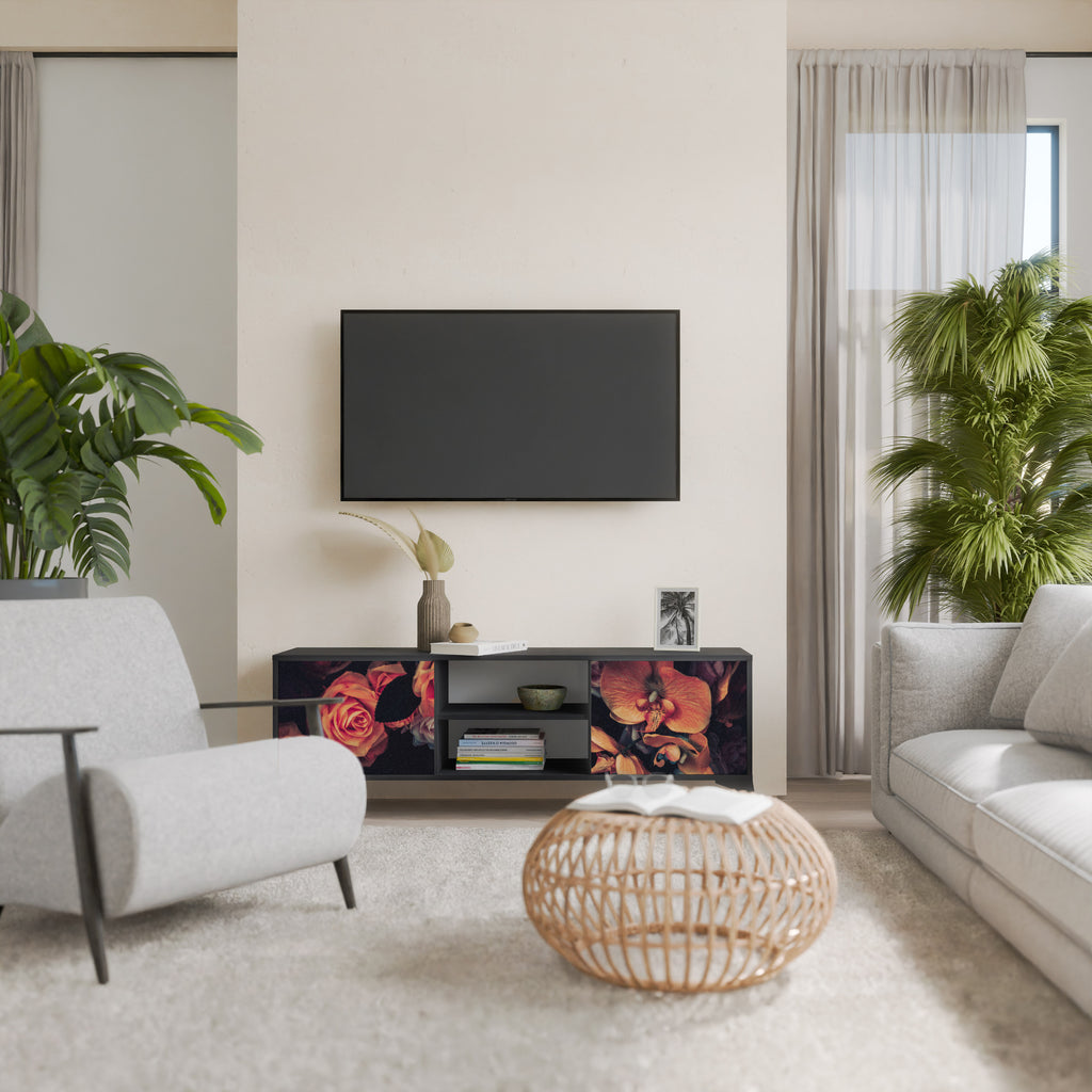 Mueble de TV de 2 puertas NEVERENDING BLOOM con acabado negro