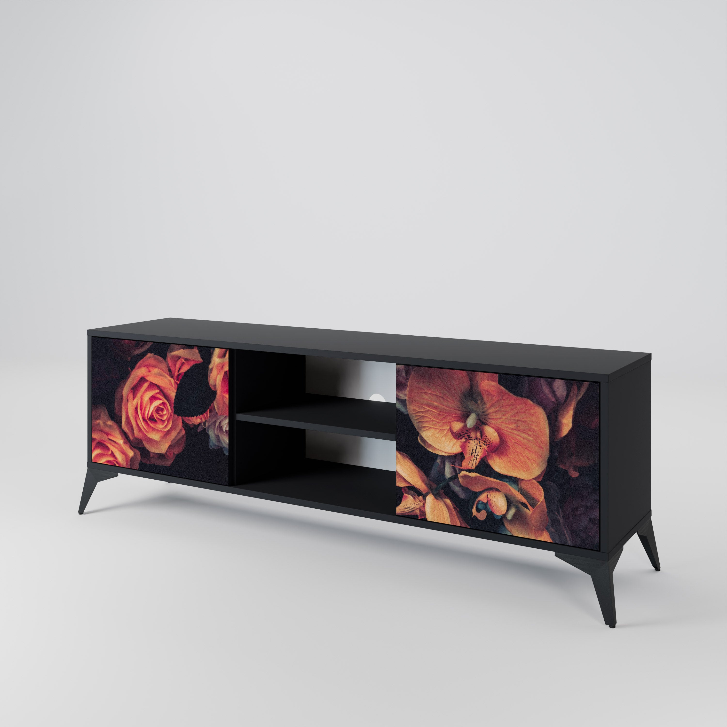 Mueble de TV de 2 puertas NEVERENDING BLOOM con acabado negro