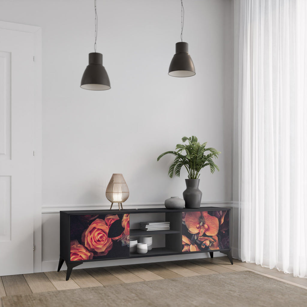Mueble de TV de 2 puertas NEVERENDING BLOOM con acabado negro