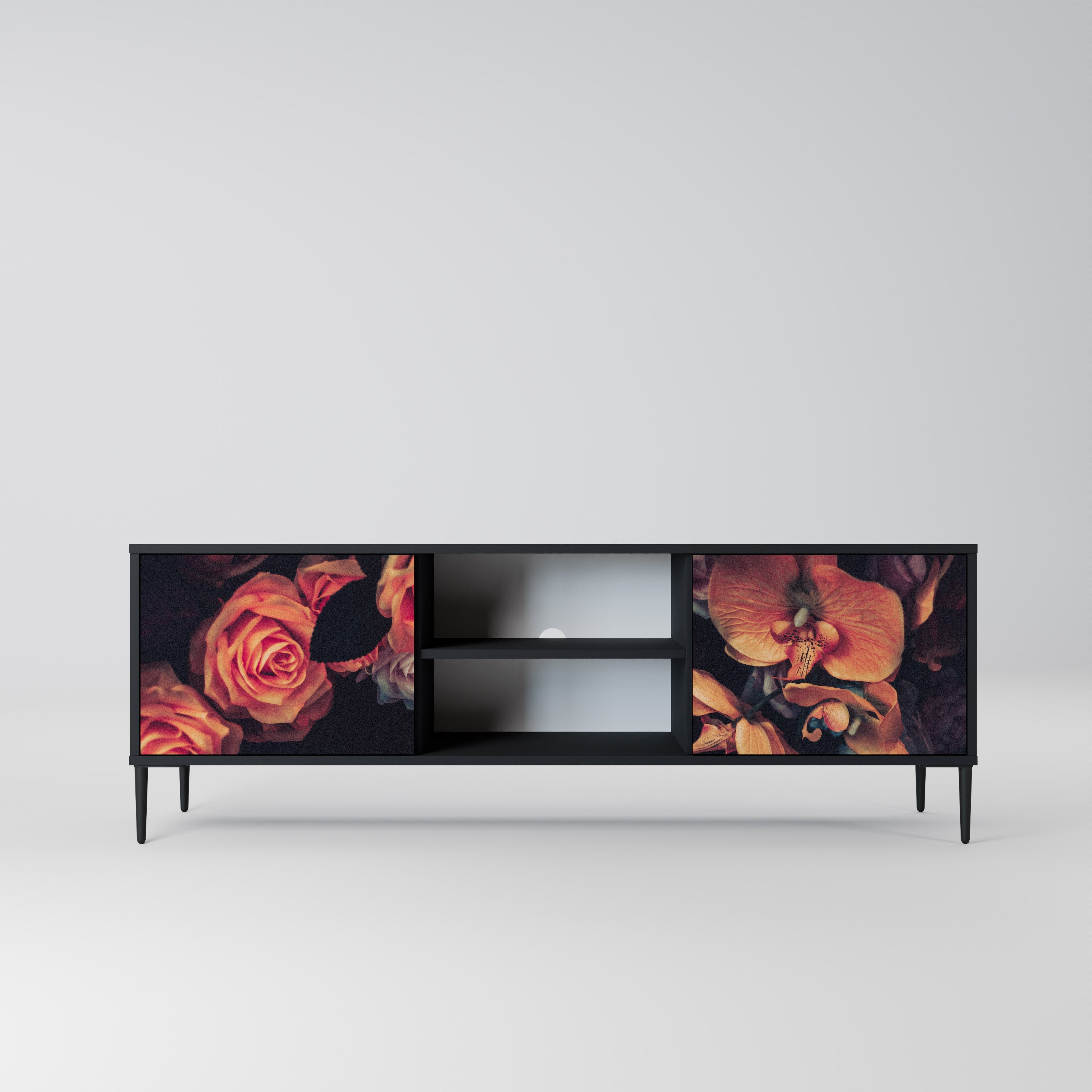 Mueble de TV de 2 puertas NEVERENDING BLOOM con acabado negro