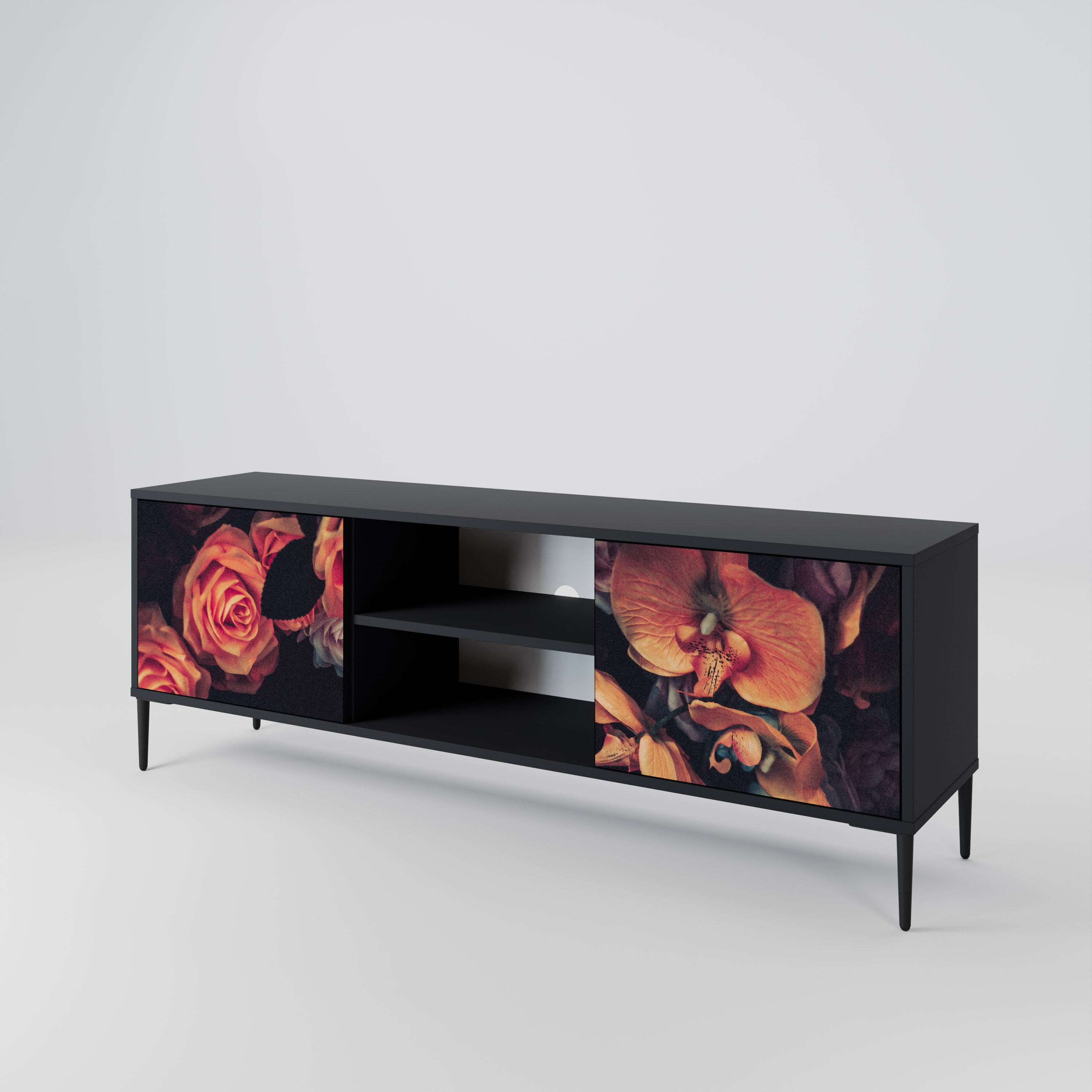 Mueble de TV de 2 puertas NEVERENDING BLOOM con acabado negro