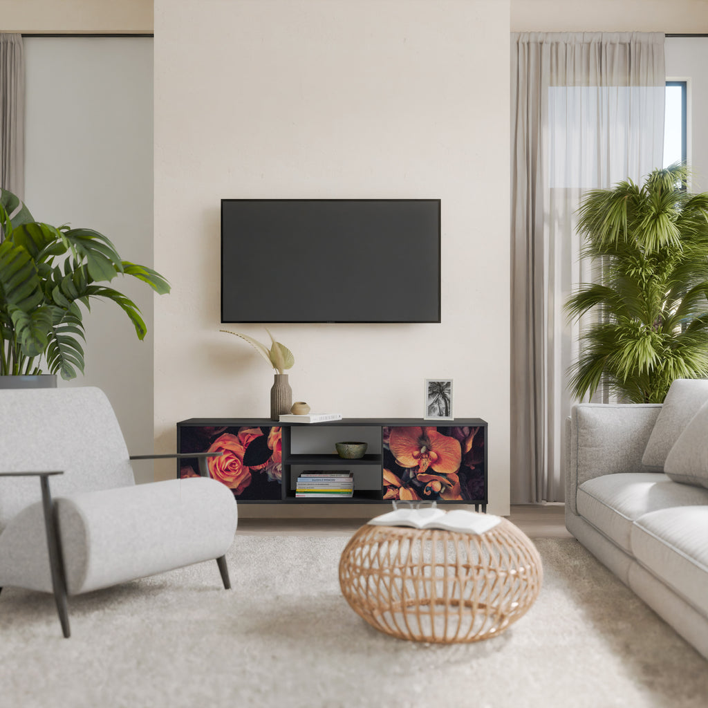 Mueble de TV de 2 puertas NEVERENDING BLOOM con acabado negro