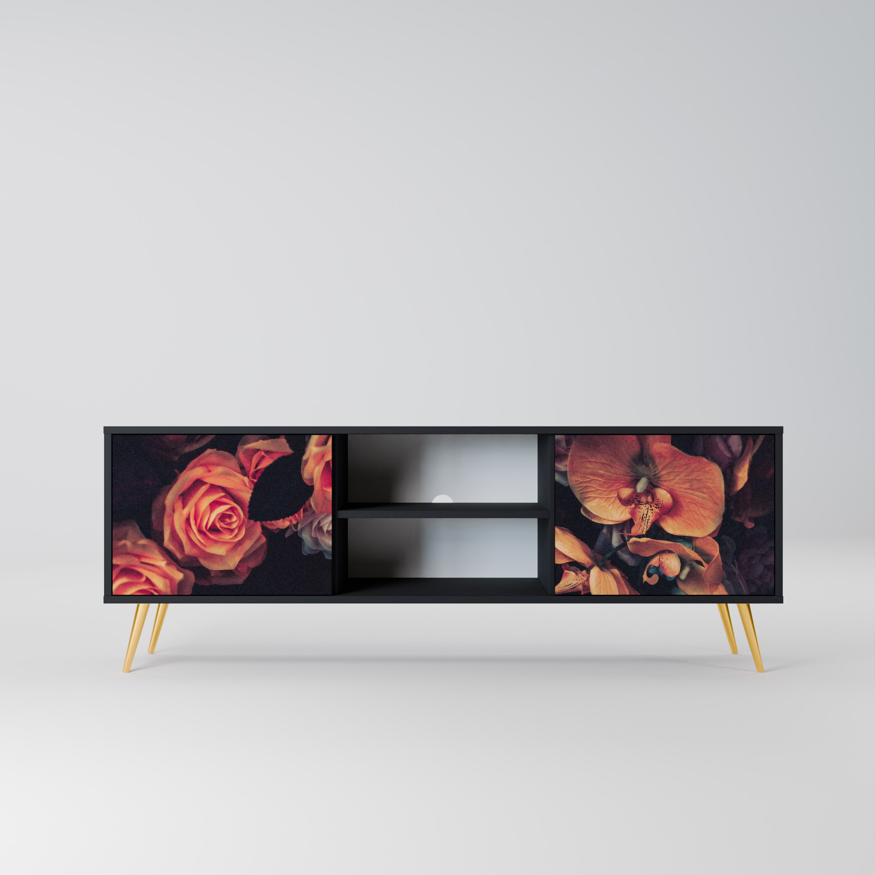 Mueble de TV de 2 puertas NEVERENDING BLOOM con acabado negro