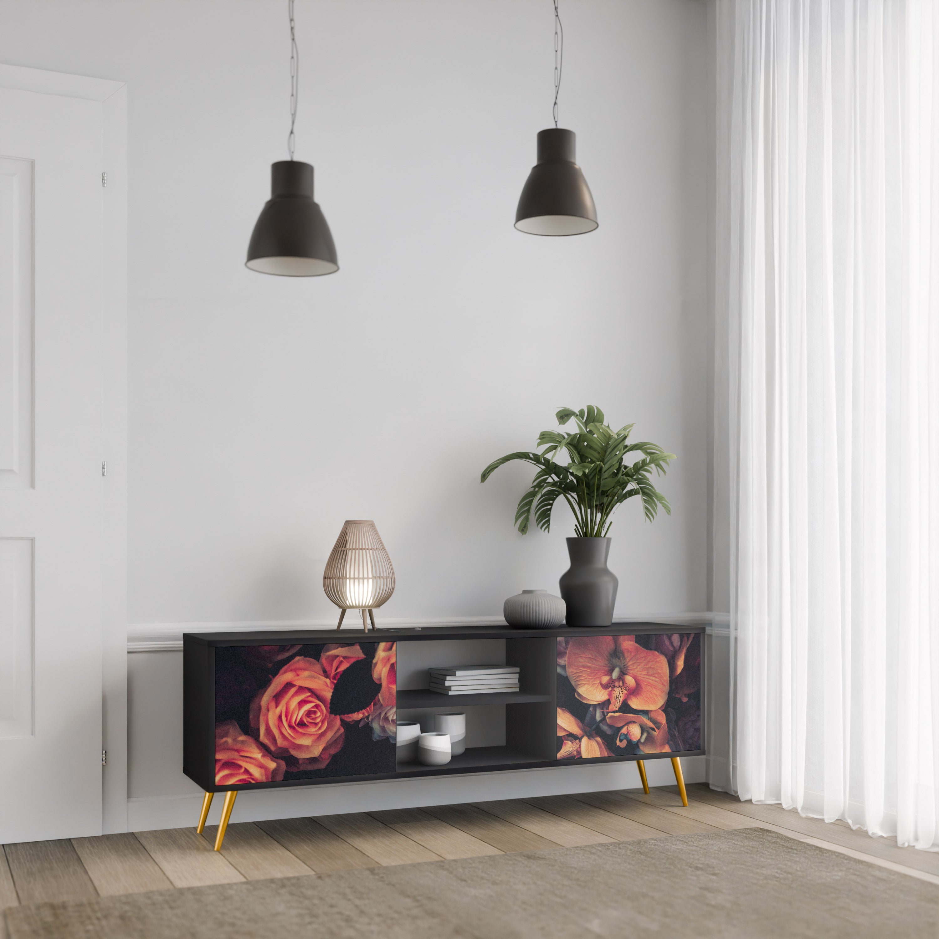 Mueble de TV de 2 puertas NEVERENDING BLOOM con acabado negro