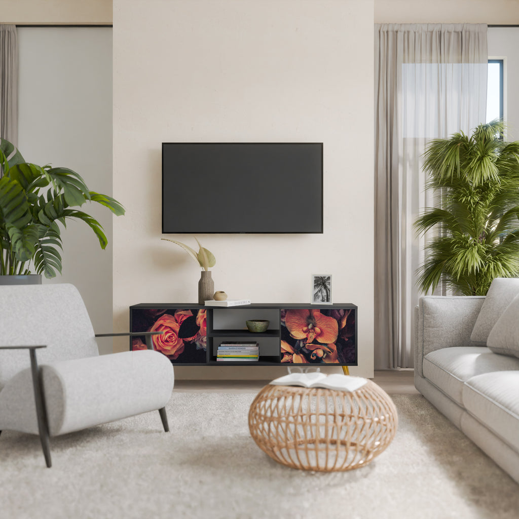 Mueble de TV de 2 puertas NEVERENDING BLOOM con acabado negro