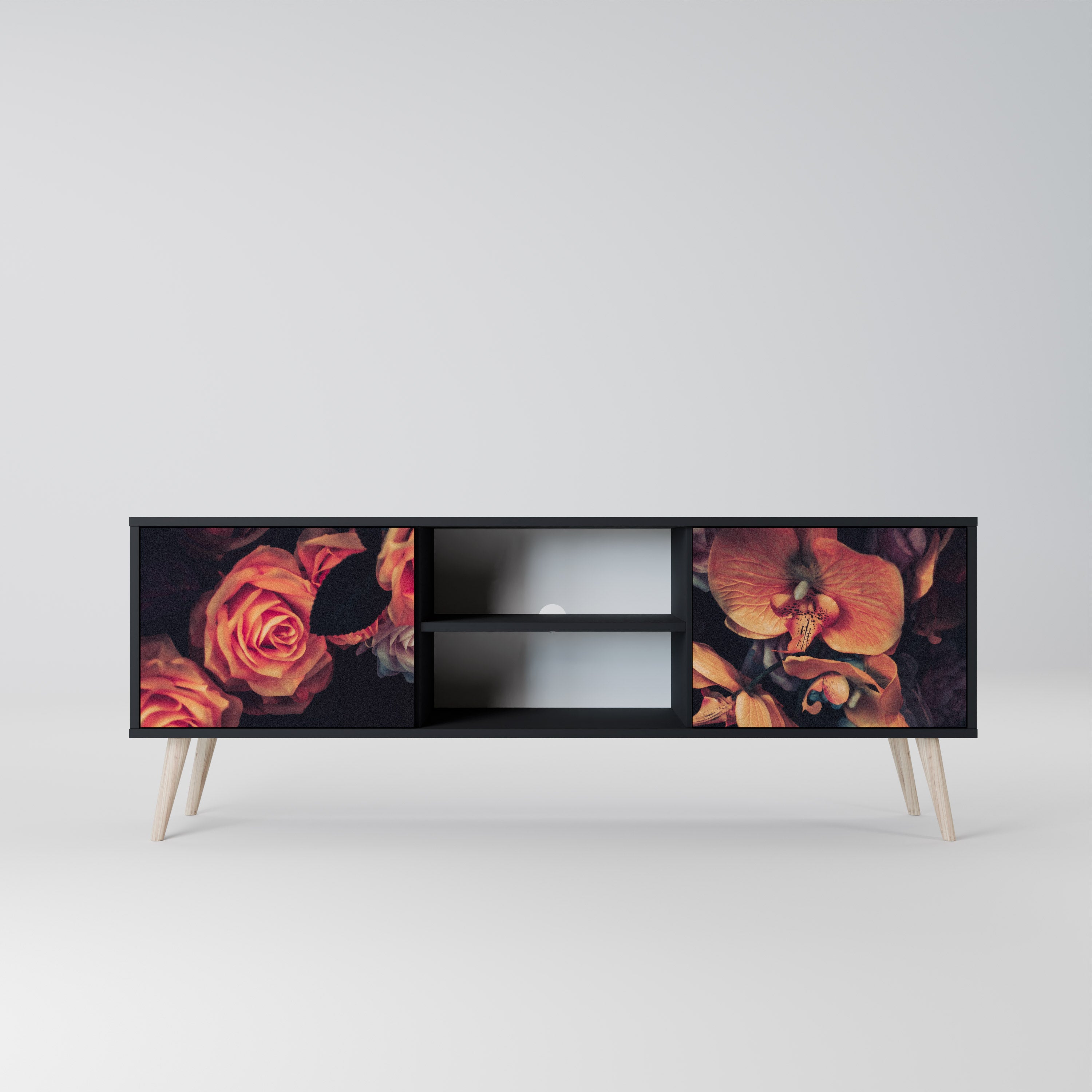 Mueble de TV de 2 puertas NEVERENDING BLOOM con acabado negro