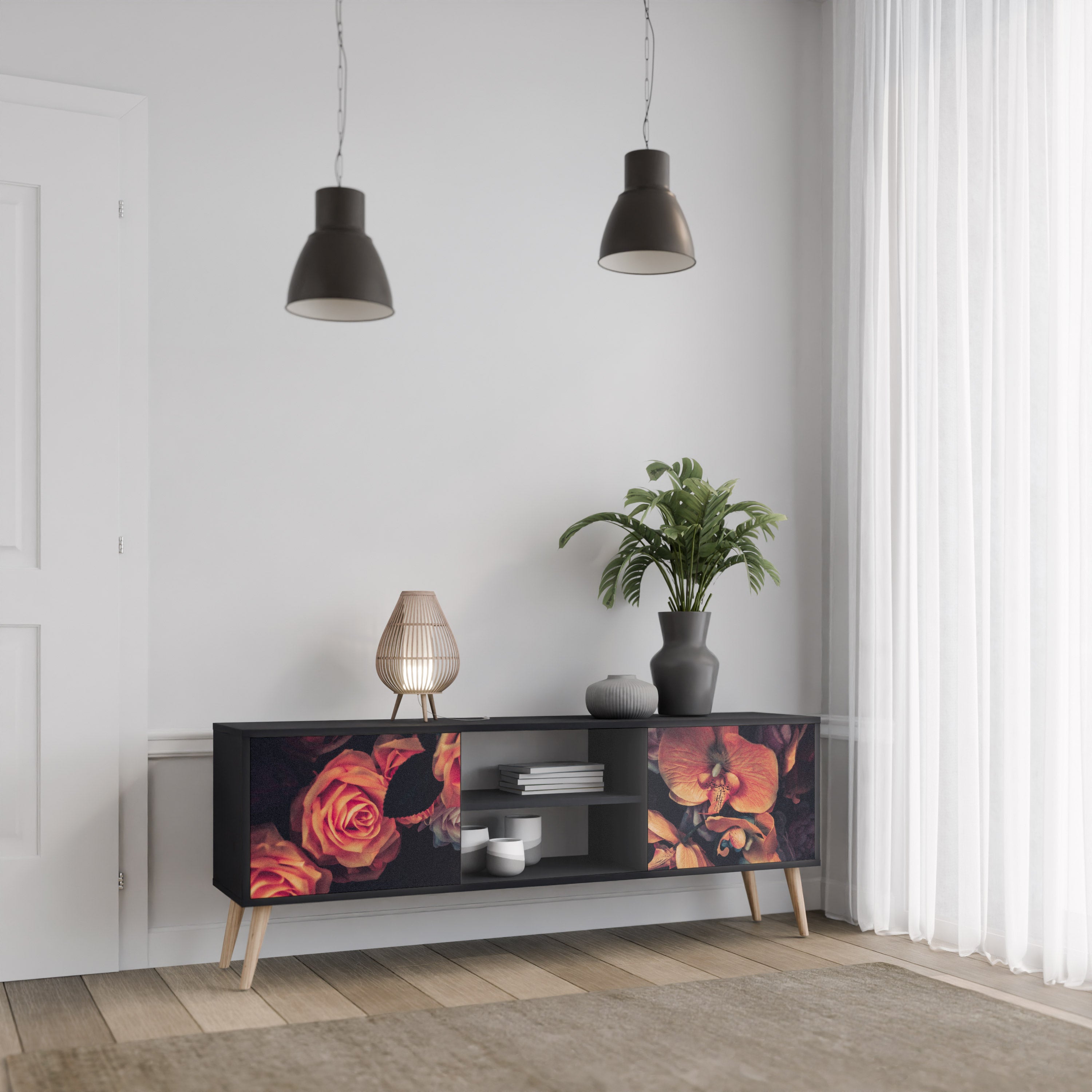 Mueble de TV de 2 puertas NEVERENDING BLOOM con acabado negro