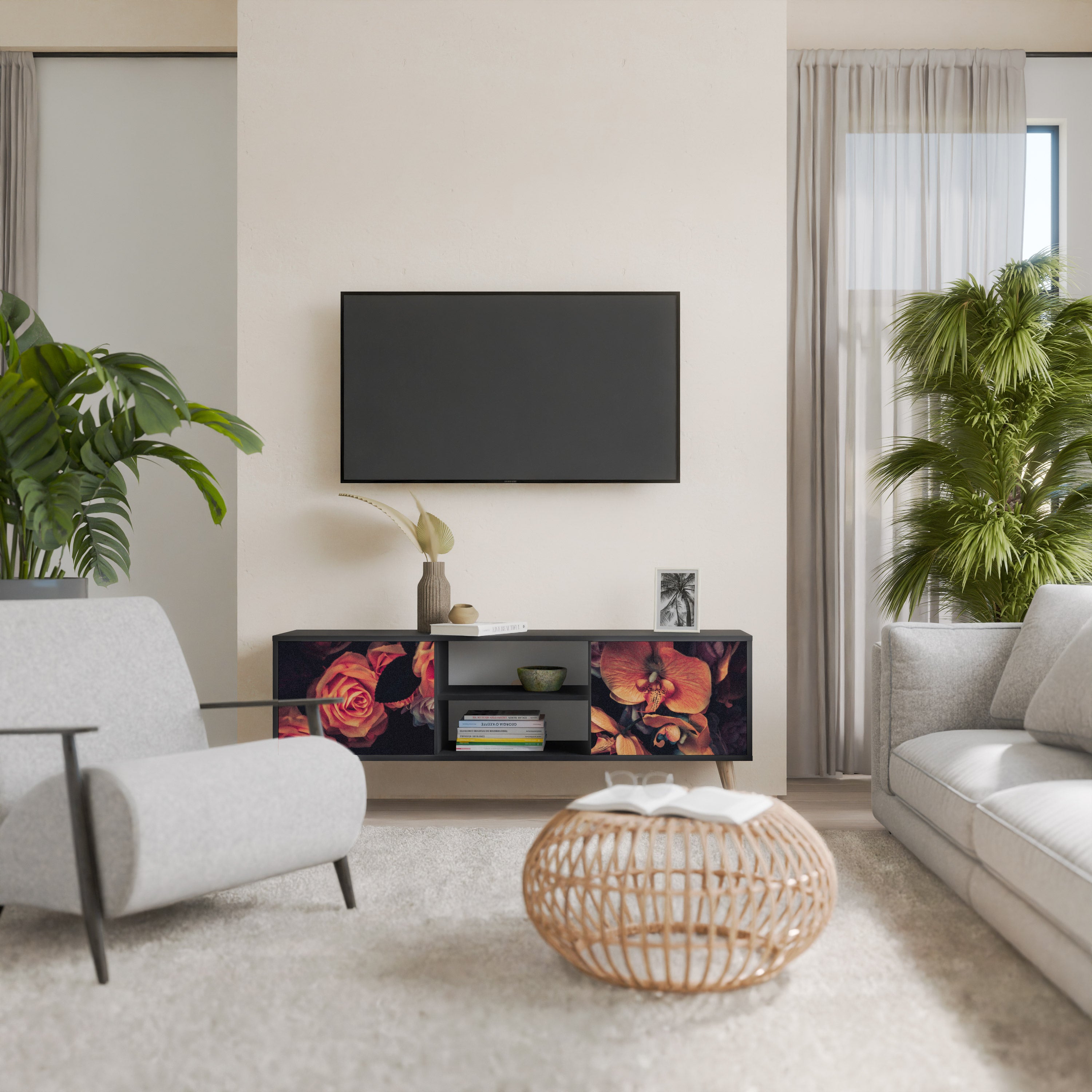 Mueble de TV de 2 puertas NEVERENDING BLOOM con acabado negro