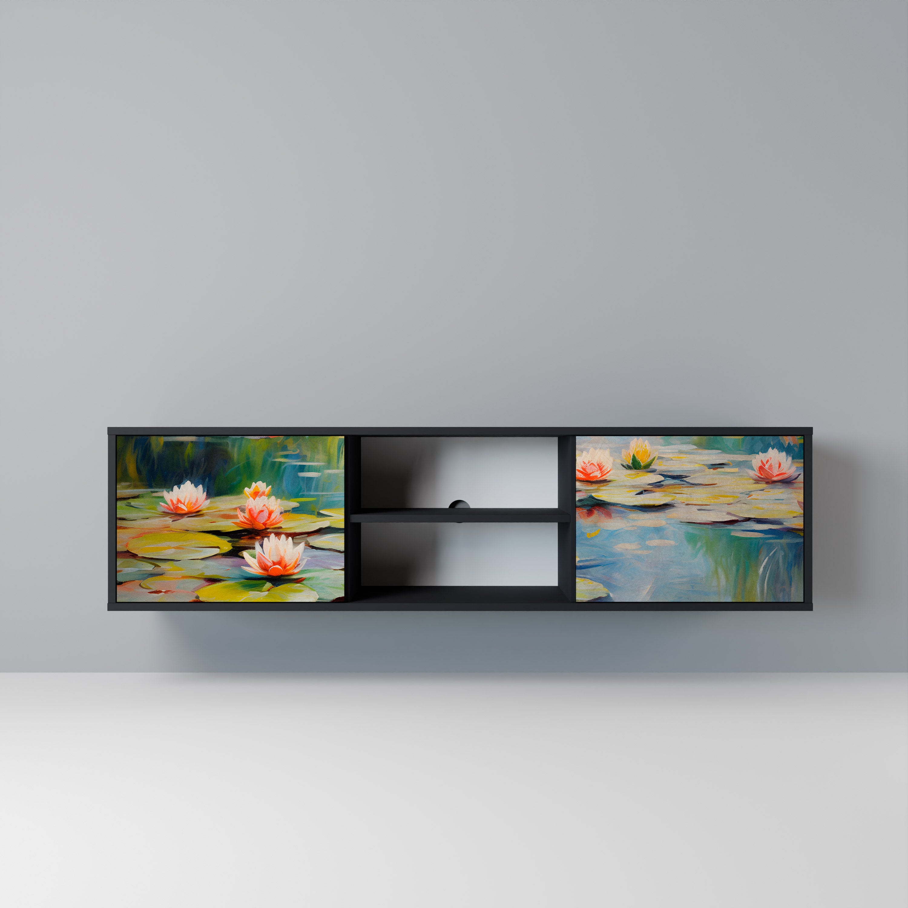 Mueble de TV de 2 puertas BLOOMING WATERS con acabado negro