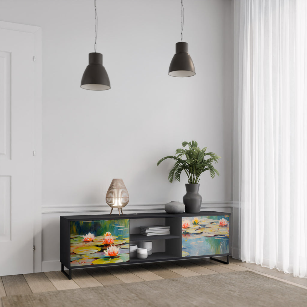 Mueble de TV de 2 puertas BLOOMING WATERS con acabado negro