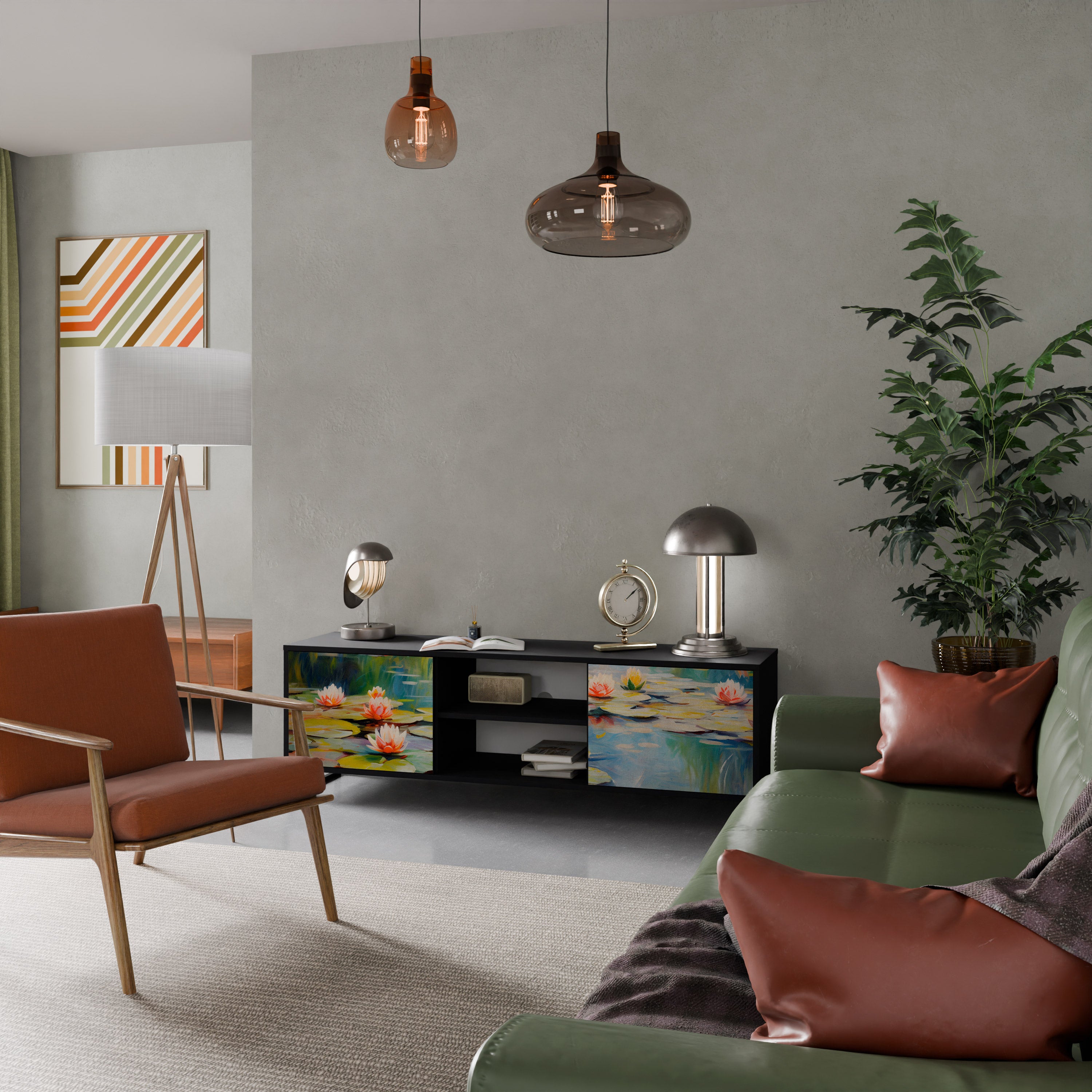 Mueble de TV de 2 puertas BLOOMING WATERS con acabado negro