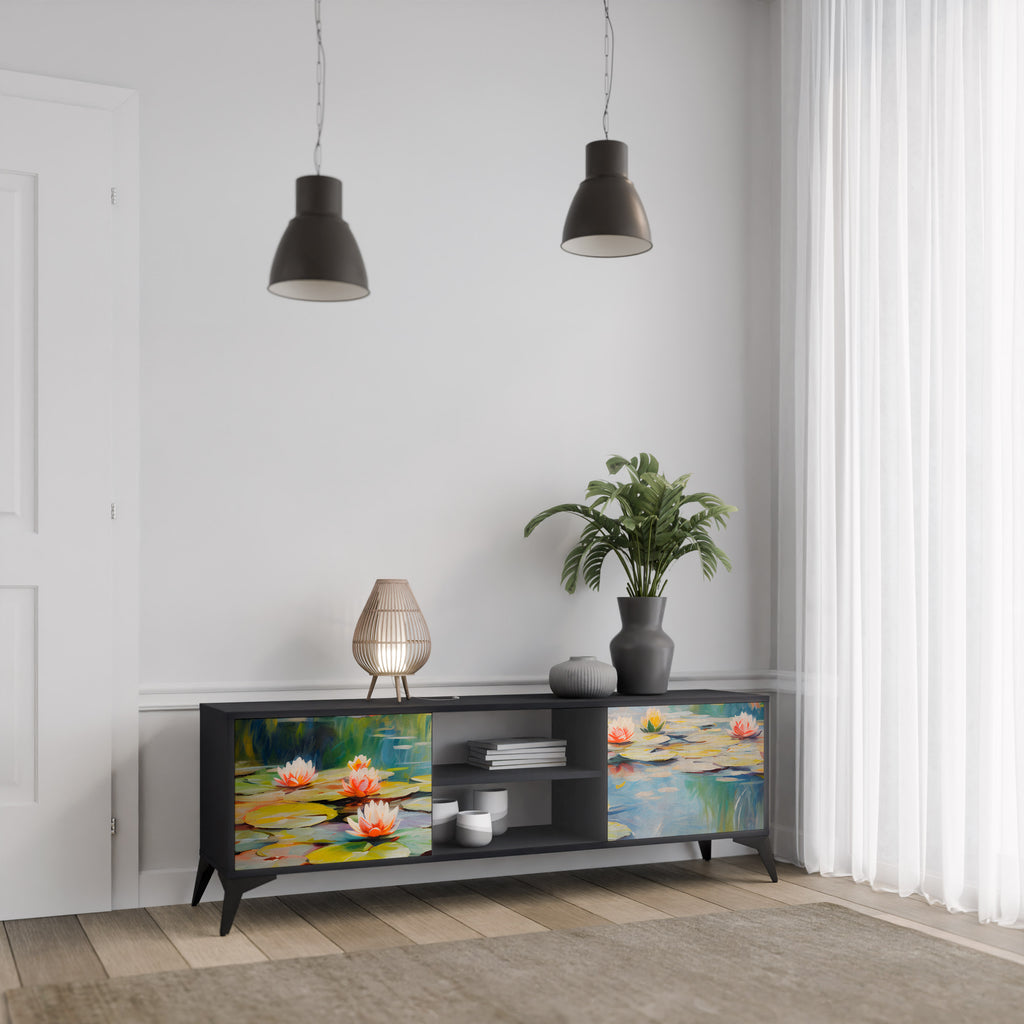 Mueble de TV de 2 puertas BLOOMING WATERS con acabado negro