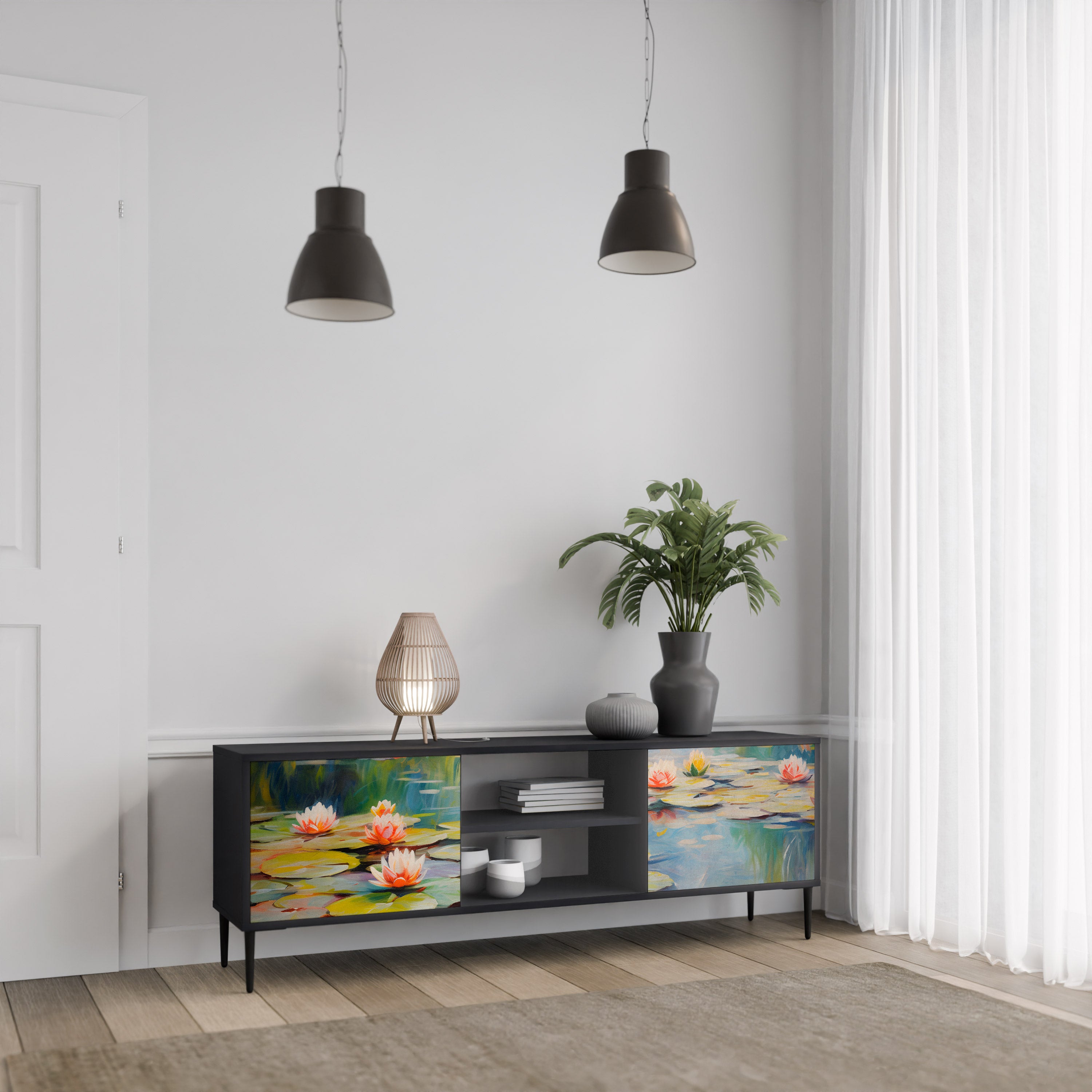 Mueble de TV de 2 puertas BLOOMING WATERS con acabado negro