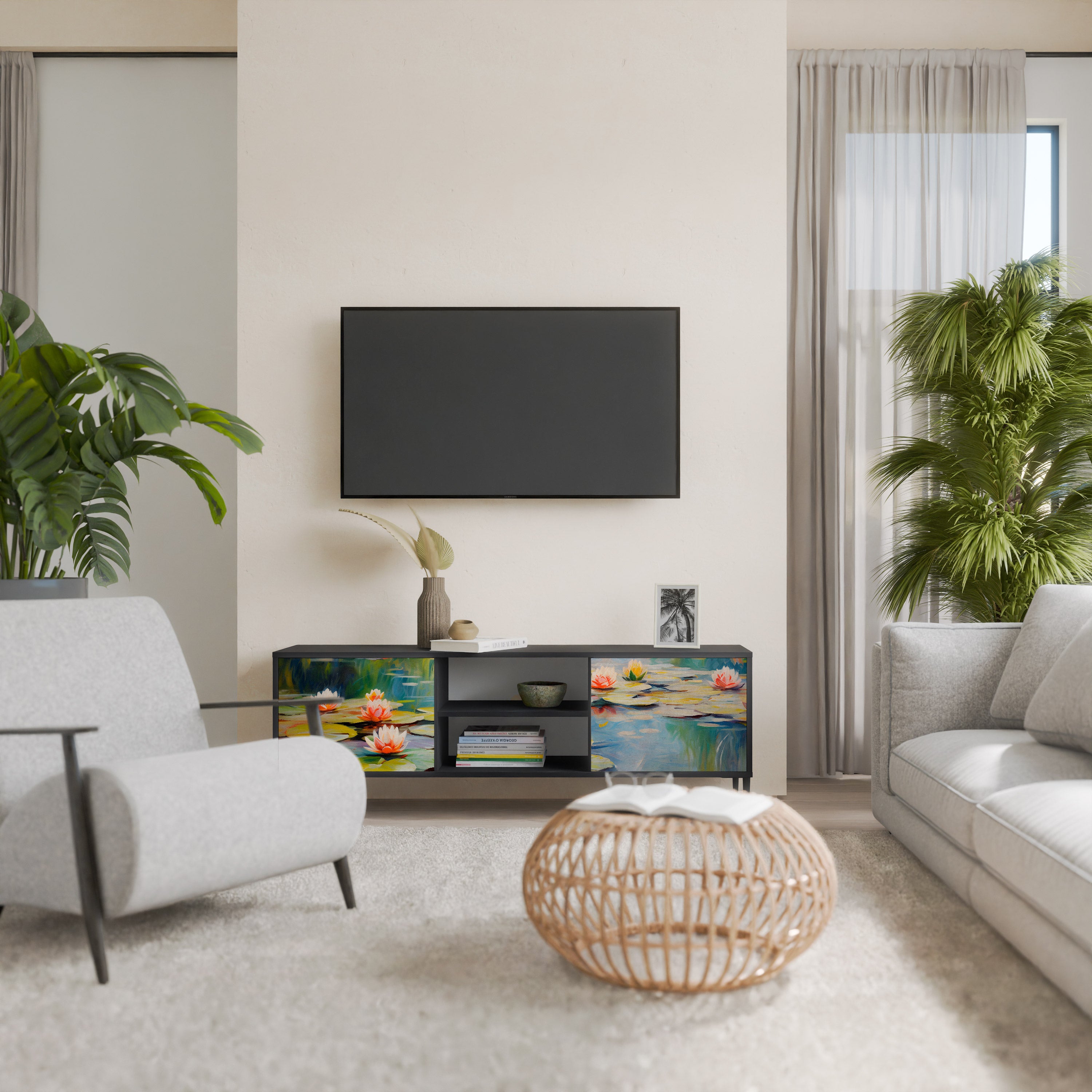 Mueble de TV de 2 puertas BLOOMING WATERS con acabado negro