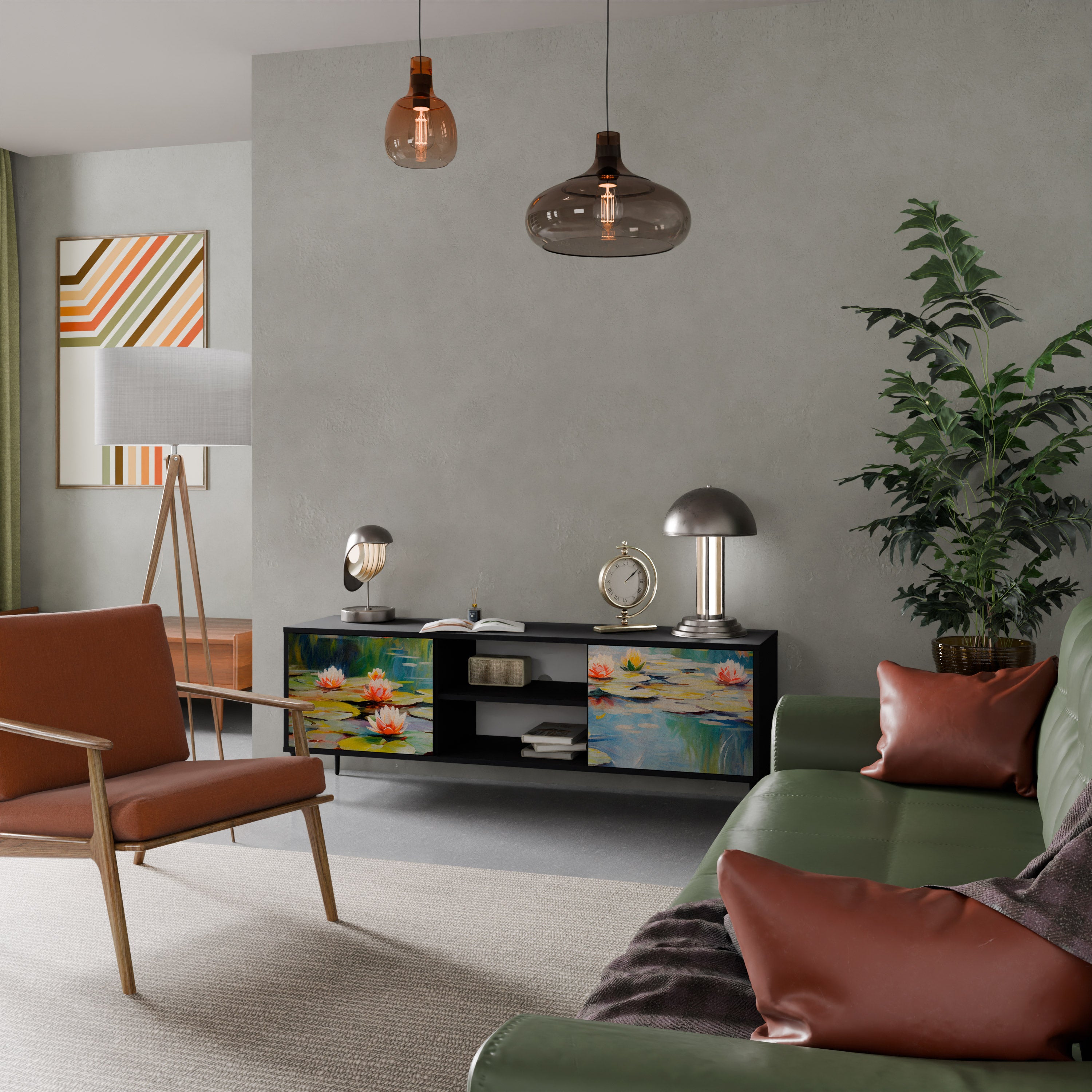 Mueble de TV de 2 puertas BLOOMING WATERS con acabado negro