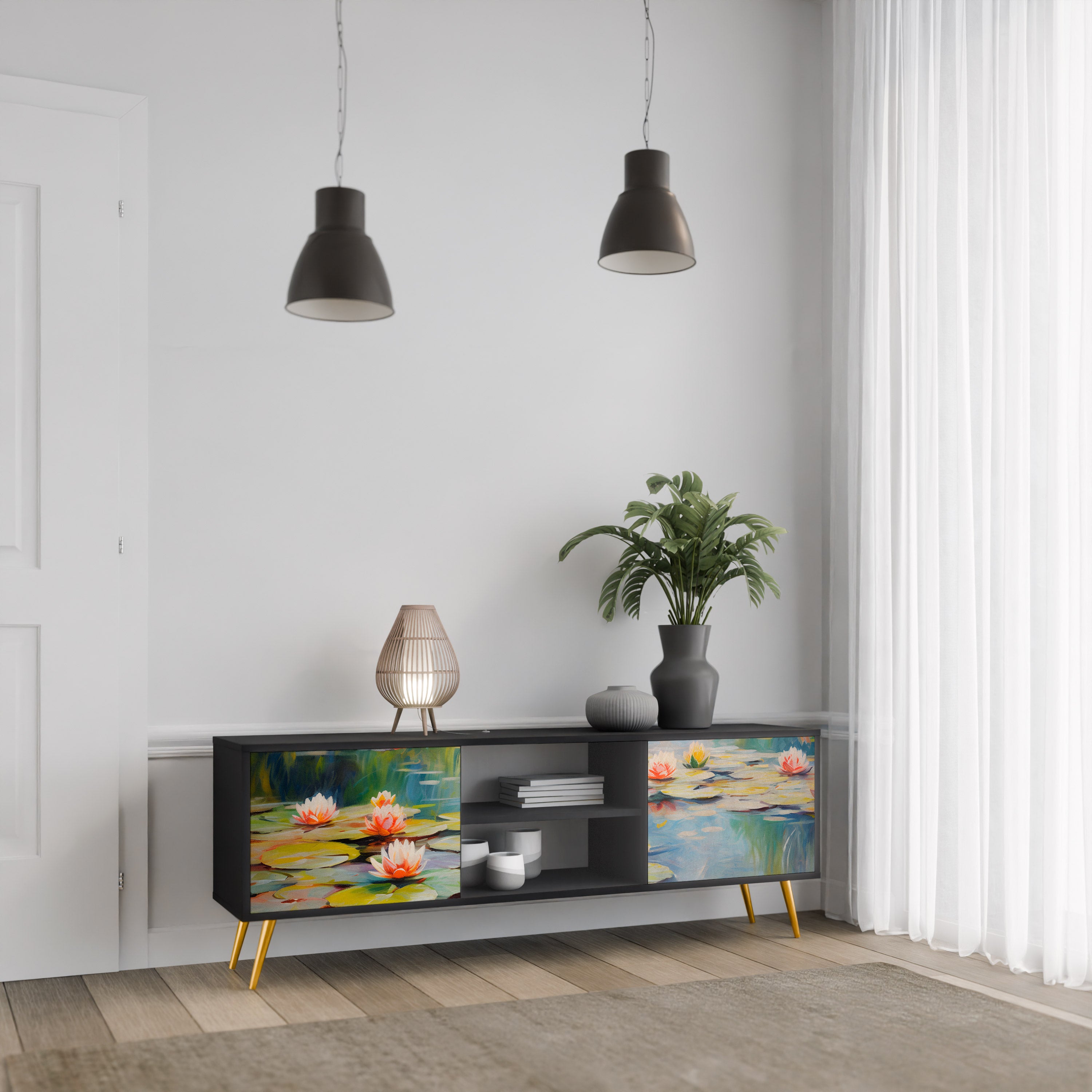 Mueble de TV de 2 puertas BLOOMING WATERS con acabado negro