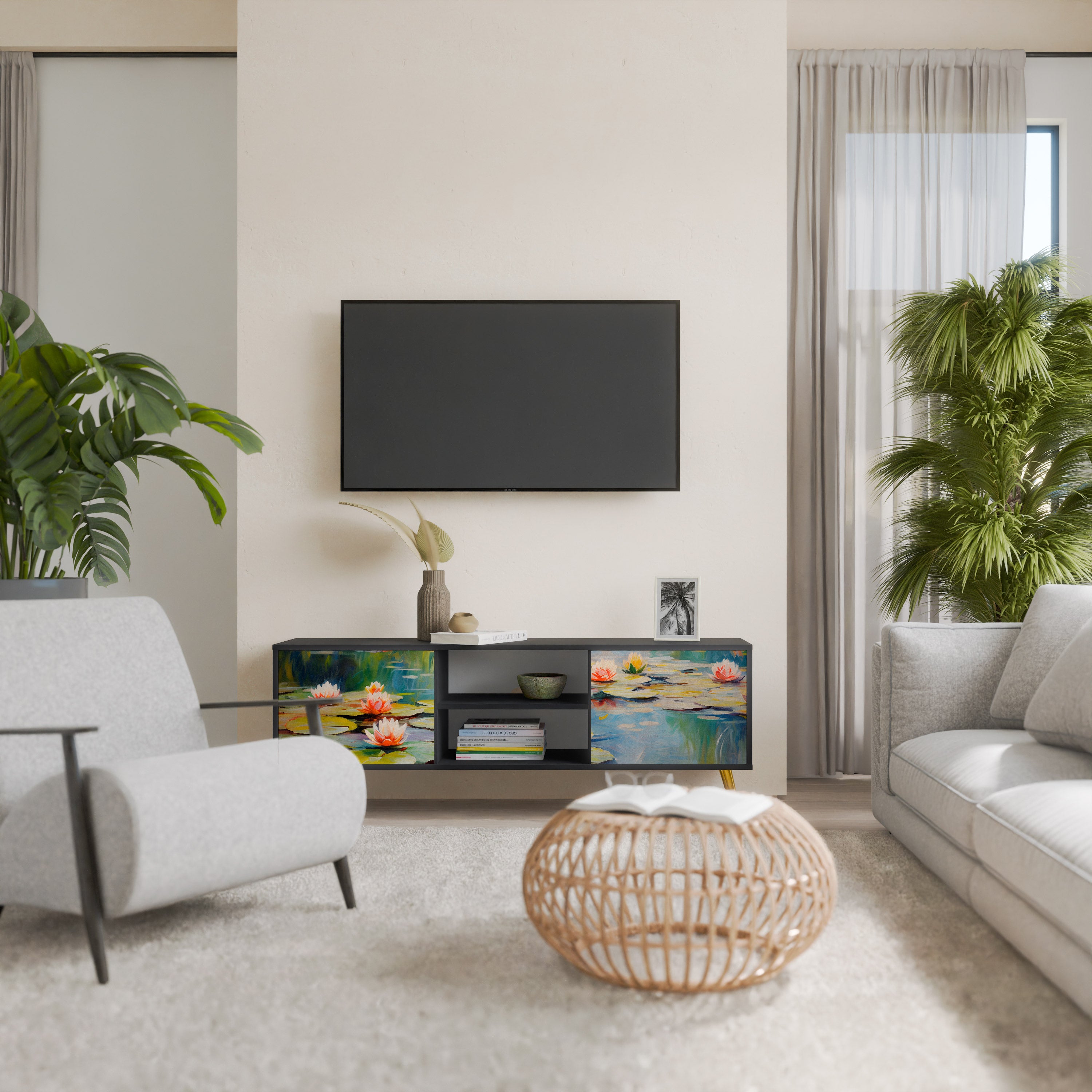 Mueble de TV de 2 puertas BLOOMING WATERS con acabado negro