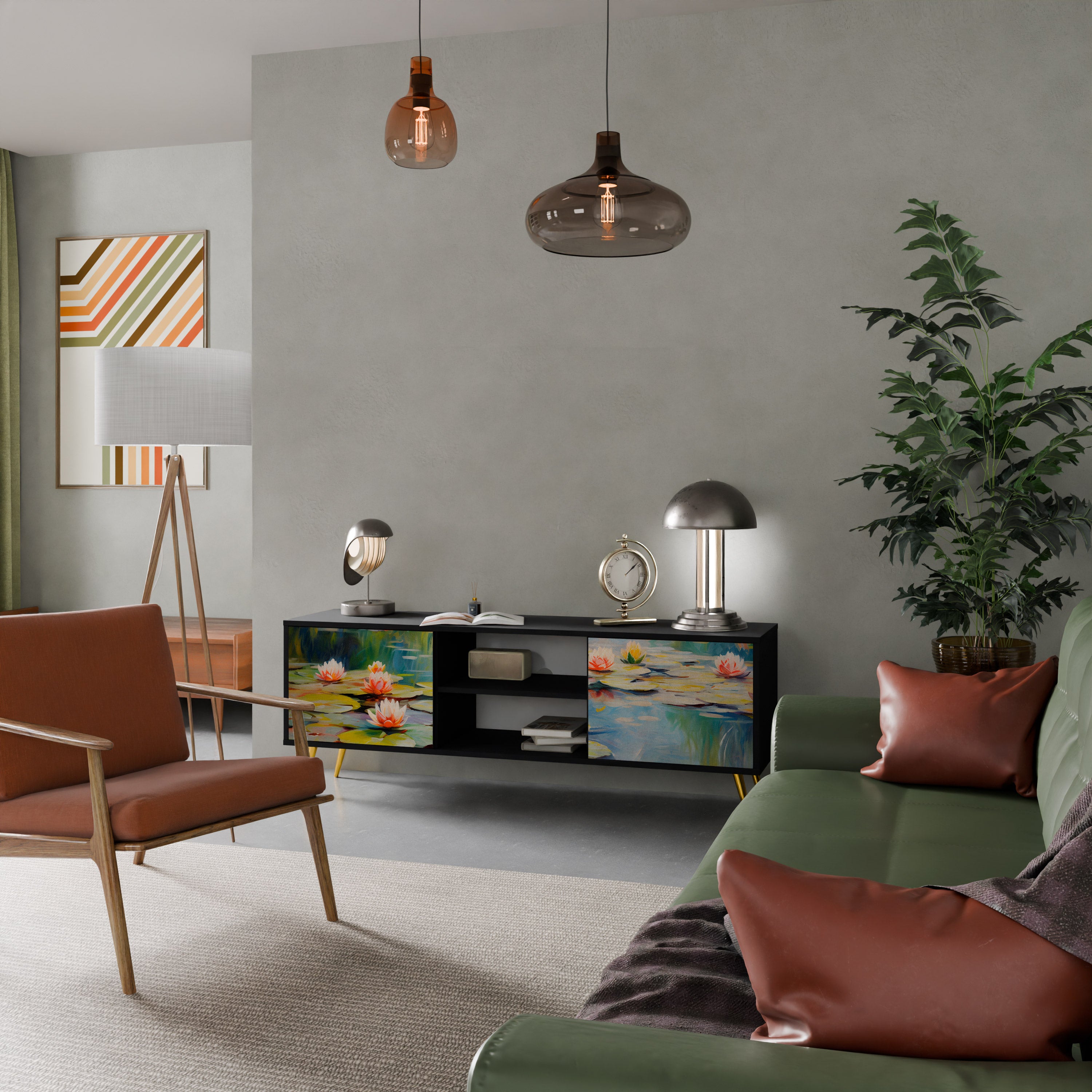 Mueble de TV de 2 puertas BLOOMING WATERS con acabado negro