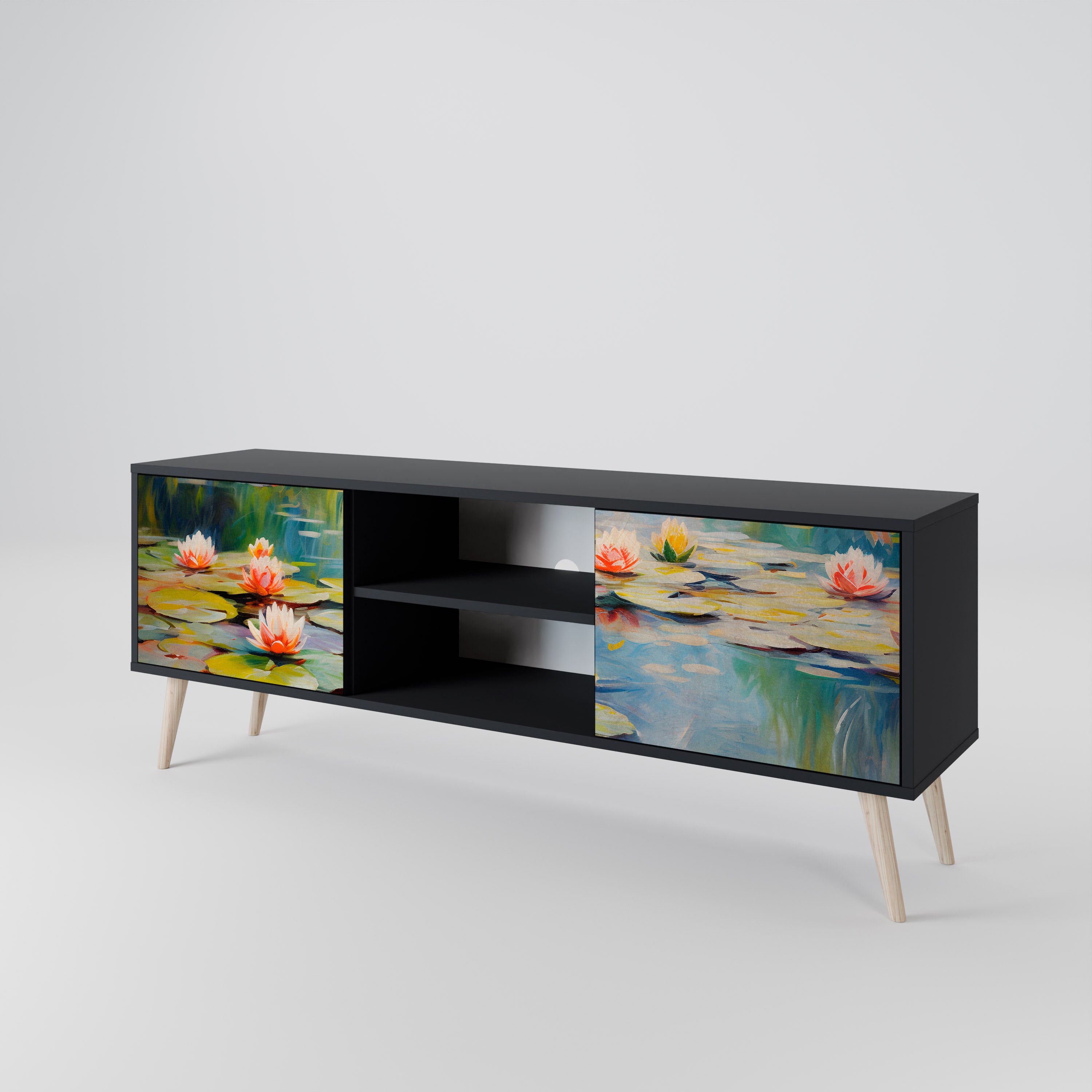 Mueble de TV de 2 puertas BLOOMING WATERS con acabado negro