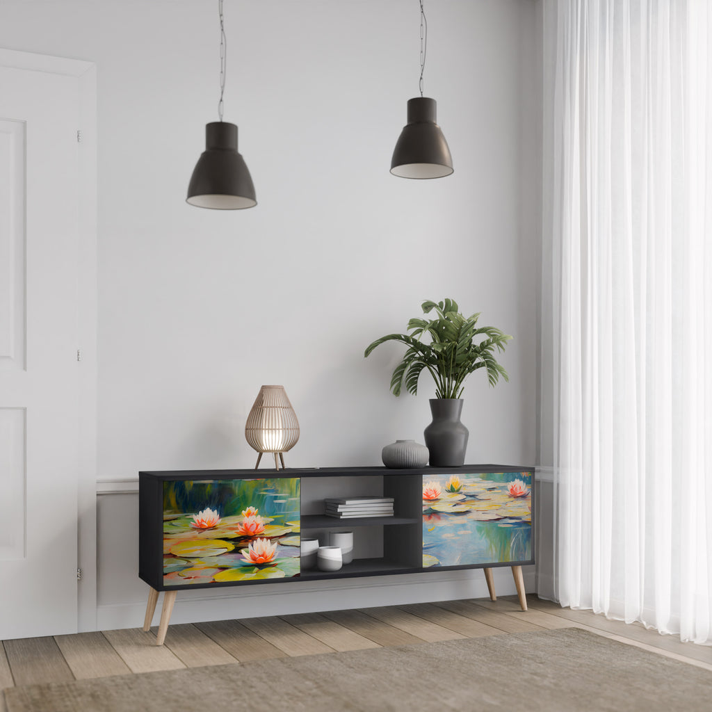 Mueble de TV de 2 puertas BLOOMING WATERS con acabado negro