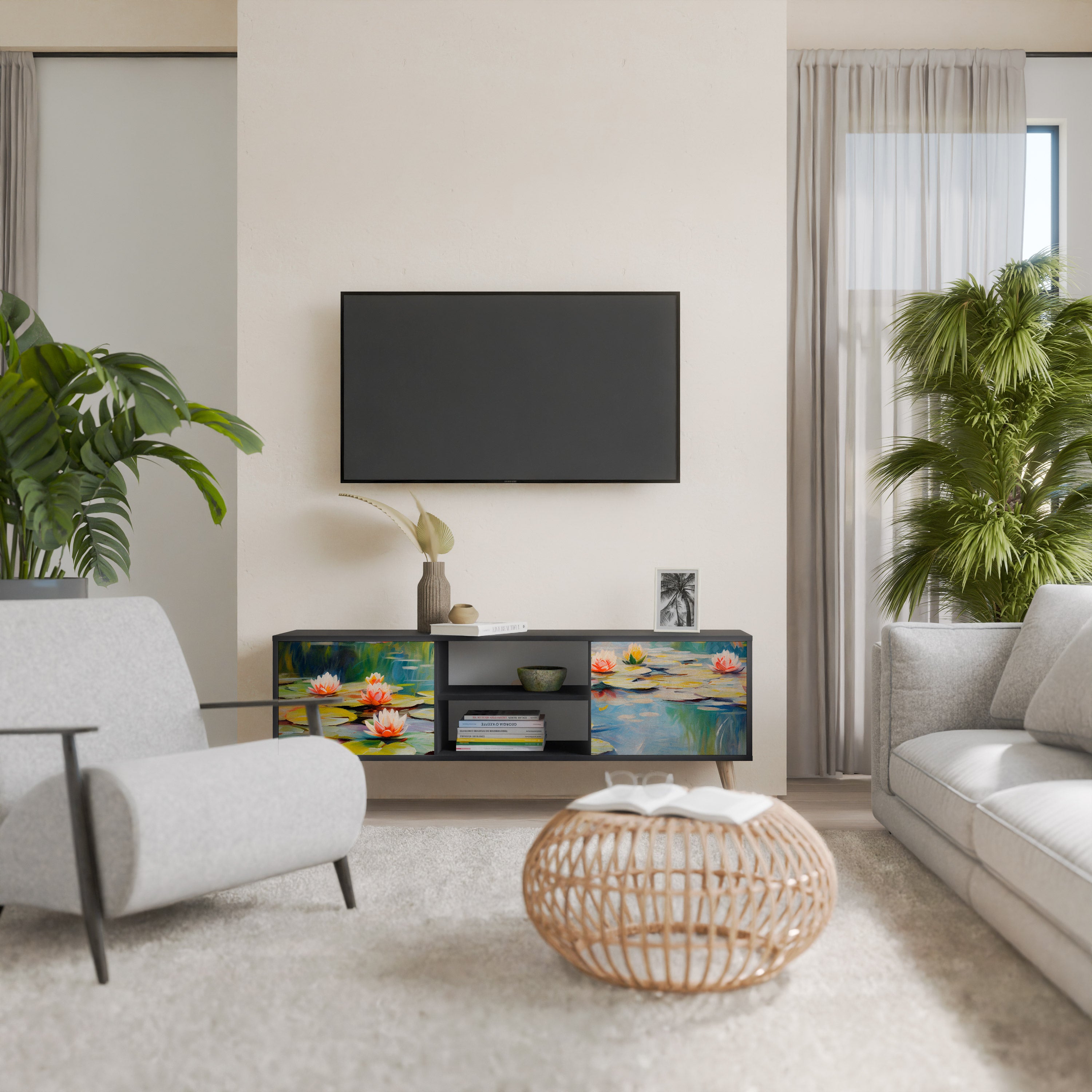 Mueble de TV de 2 puertas BLOOMING WATERS con acabado negro