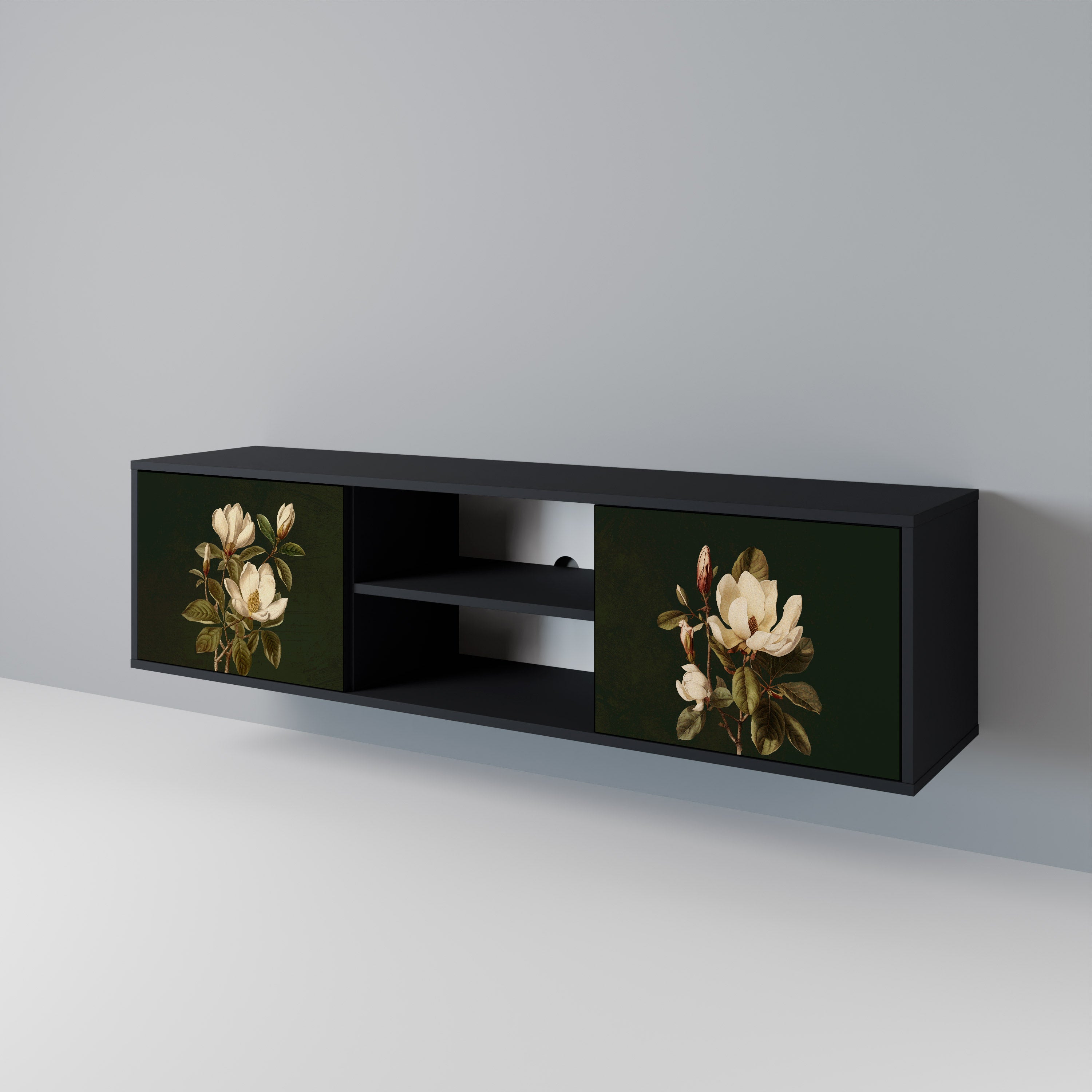 Mueble de TV de 2 puertas FLORAL NOIR en acabado negro