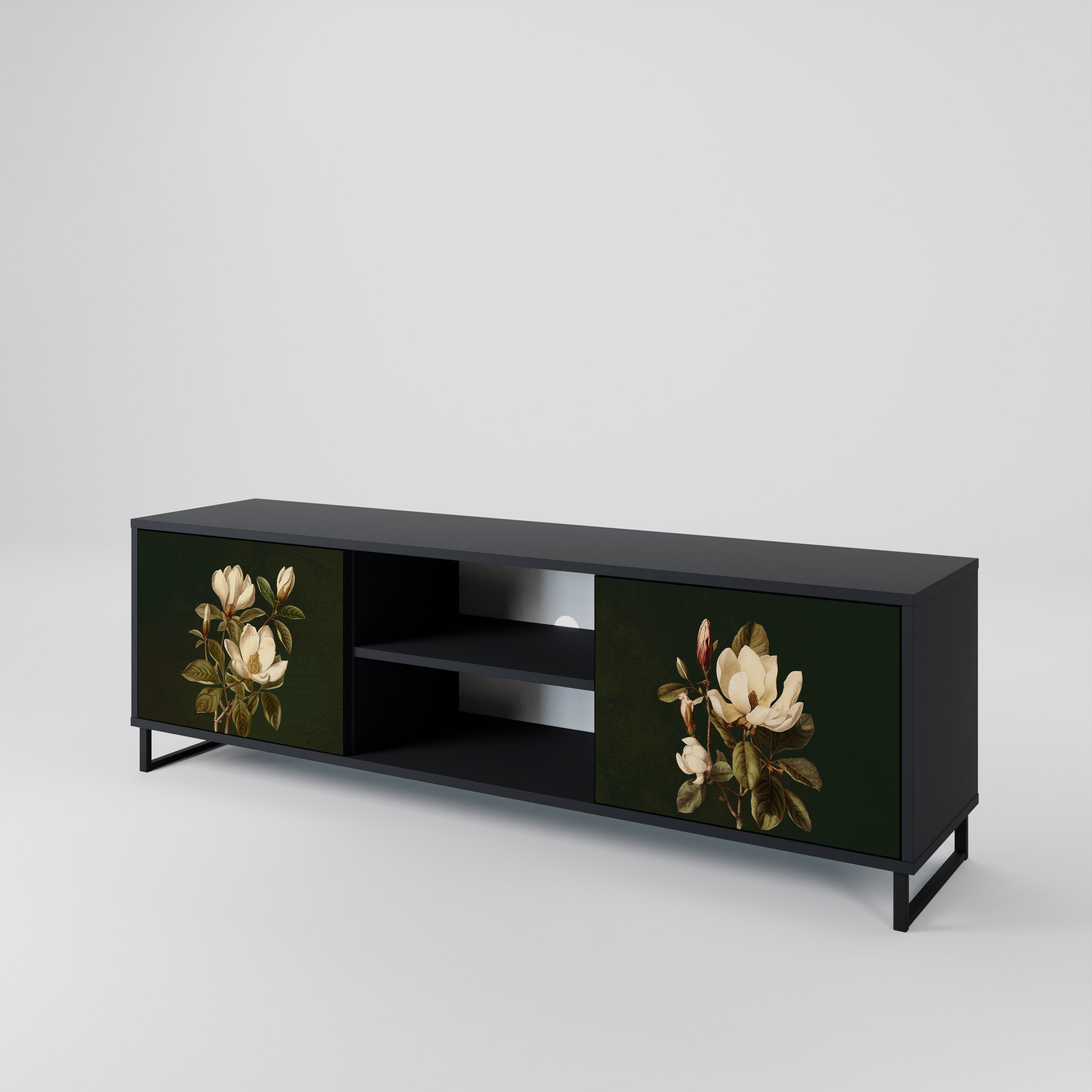 Mueble de TV de 2 puertas FLORAL NOIR en acabado negro