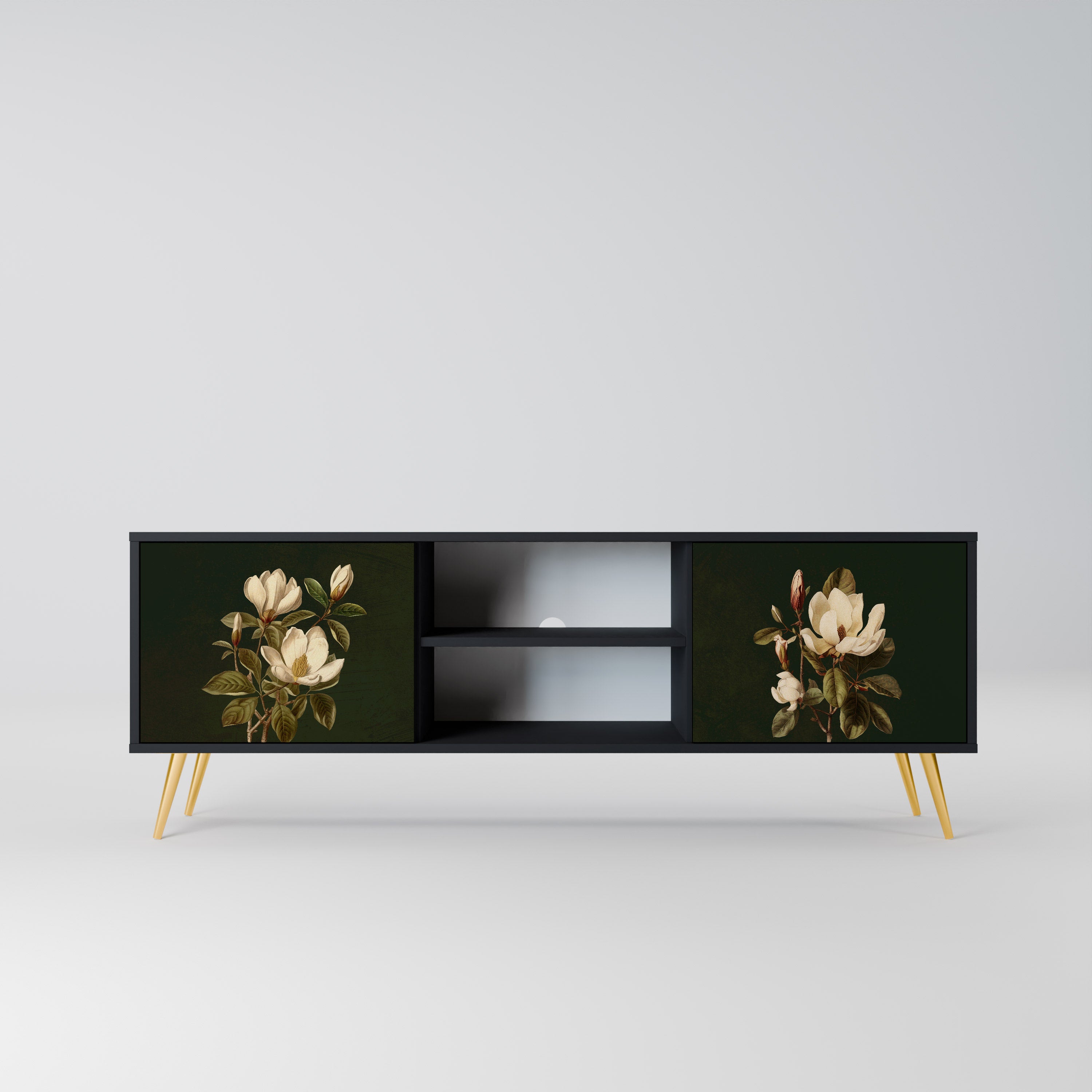 Mueble de TV de 2 puertas FLORAL NOIR en acabado negro