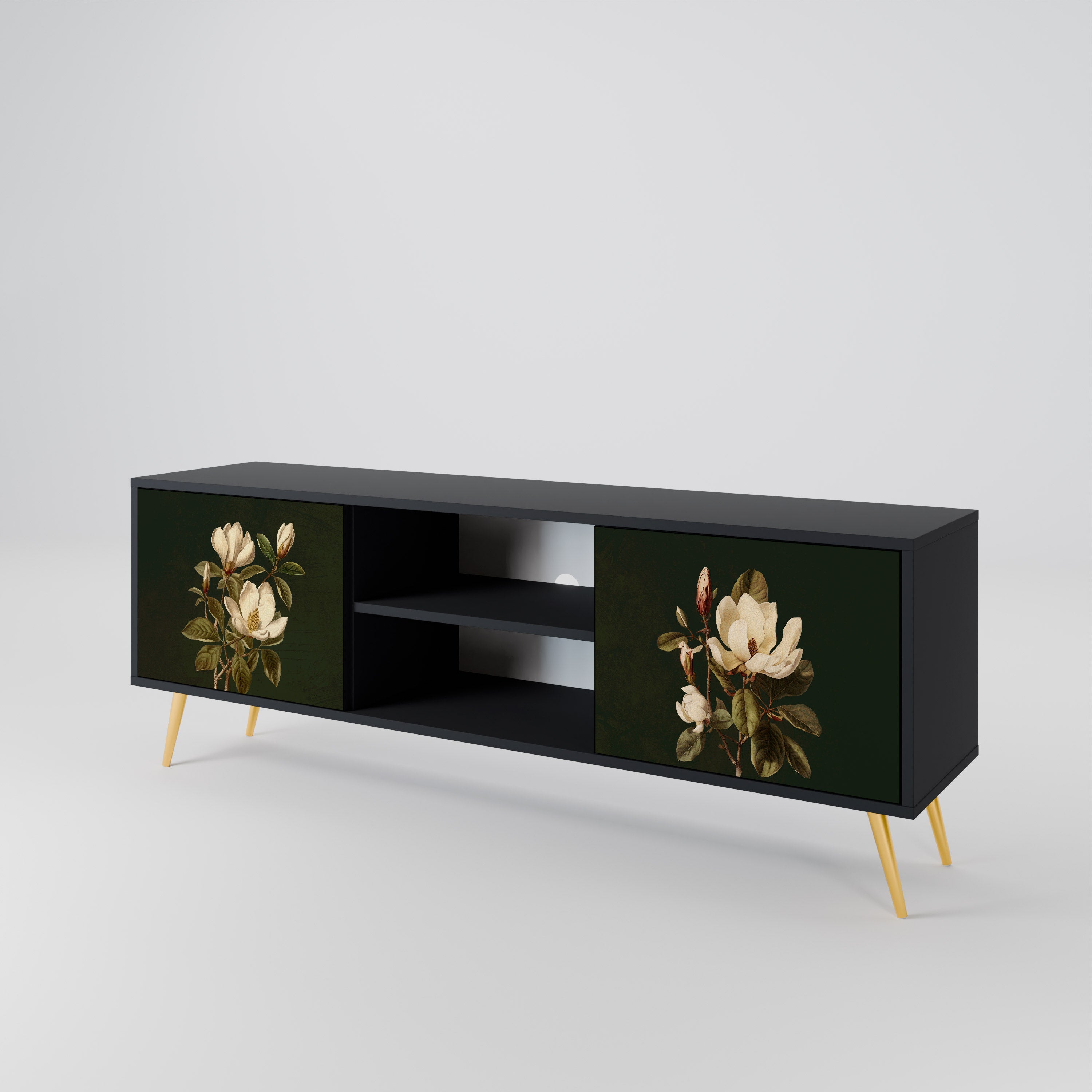 Mueble de TV de 2 puertas FLORAL NOIR en acabado negro