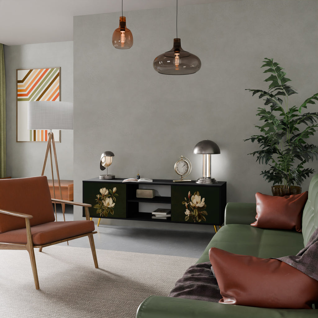 Mueble de TV de 2 puertas FLORAL NOIR en acabado negro