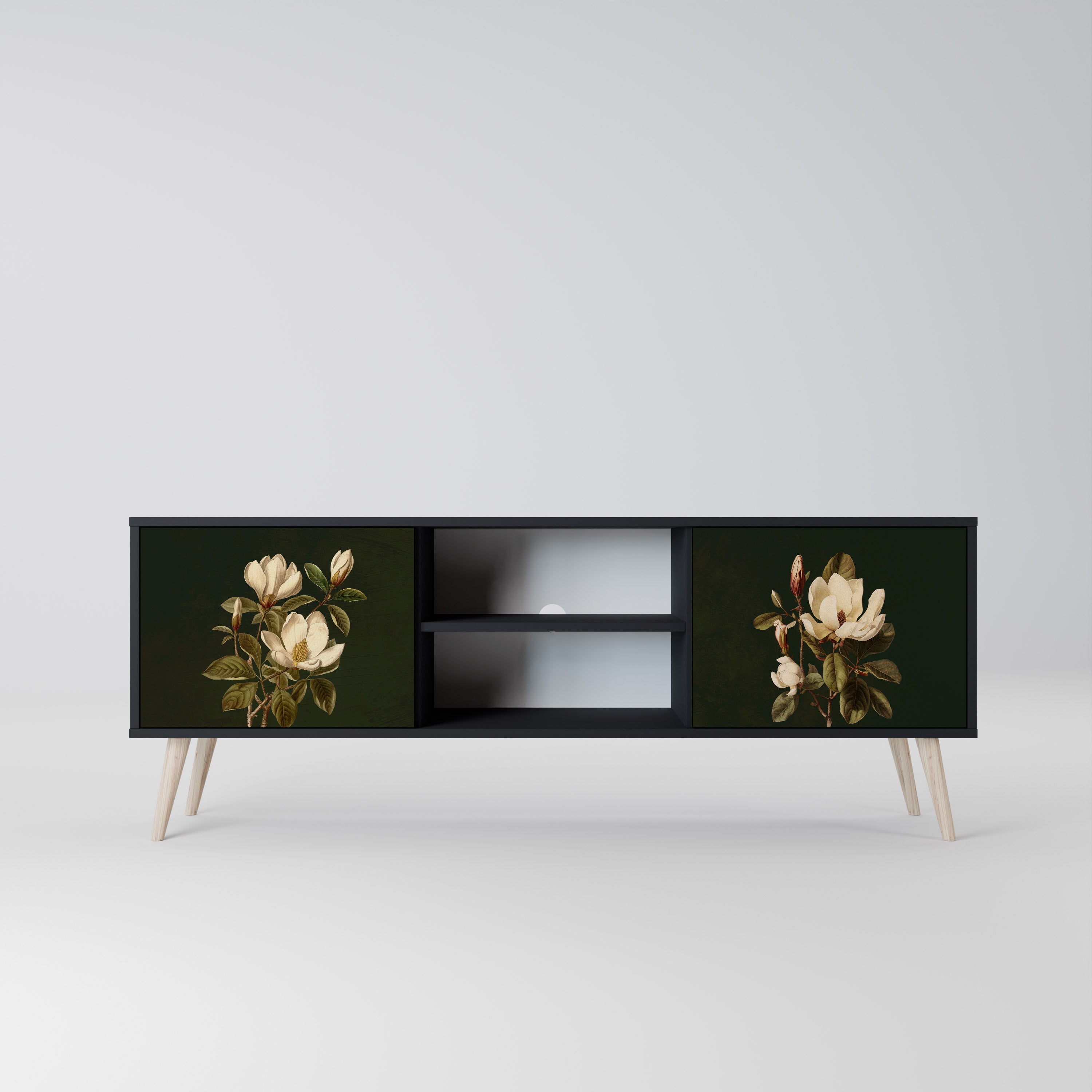Mueble de TV de 2 puertas FLORAL NOIR en acabado negro