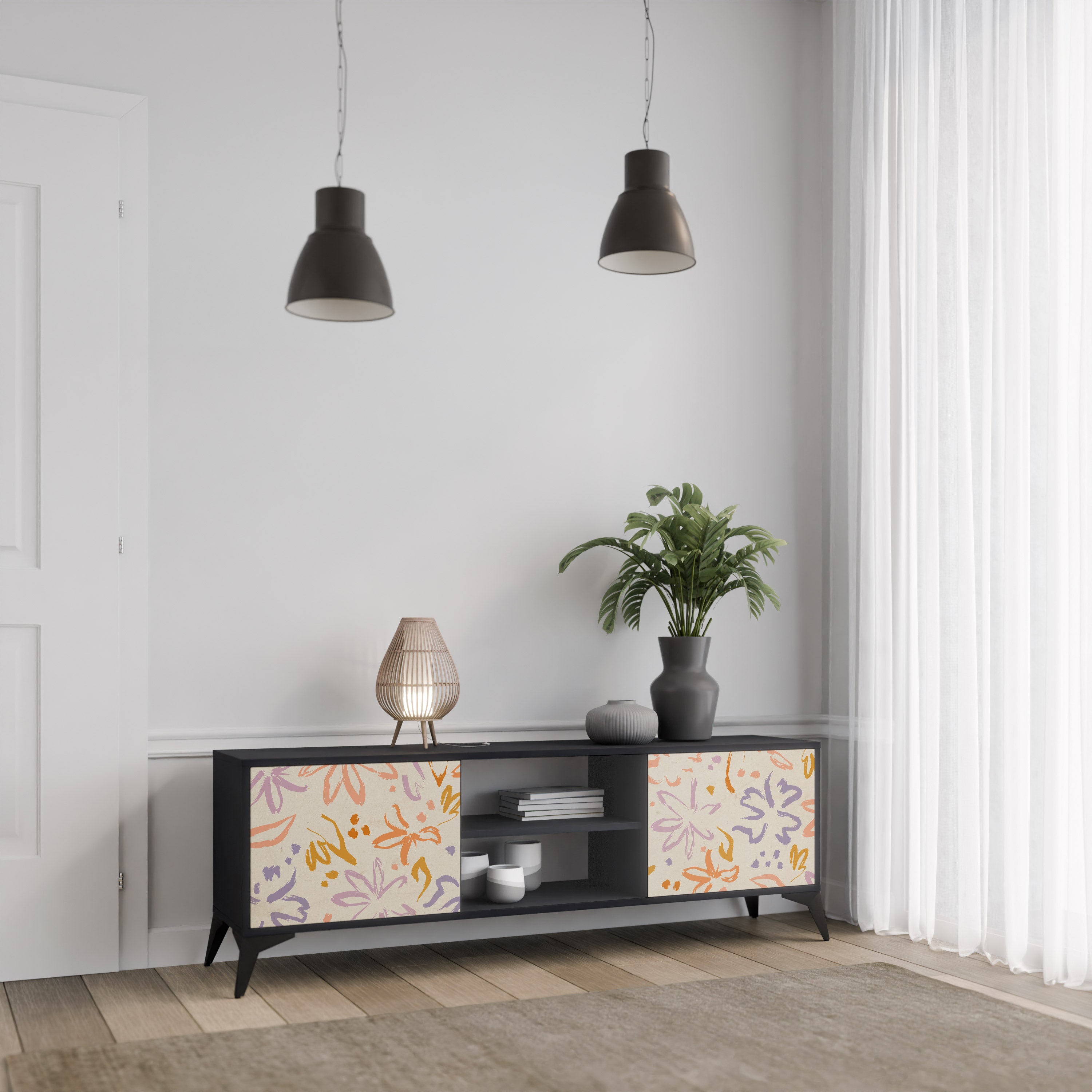 Mueble de TV de 2 puertas SPRING WHIMSY con acabado negro