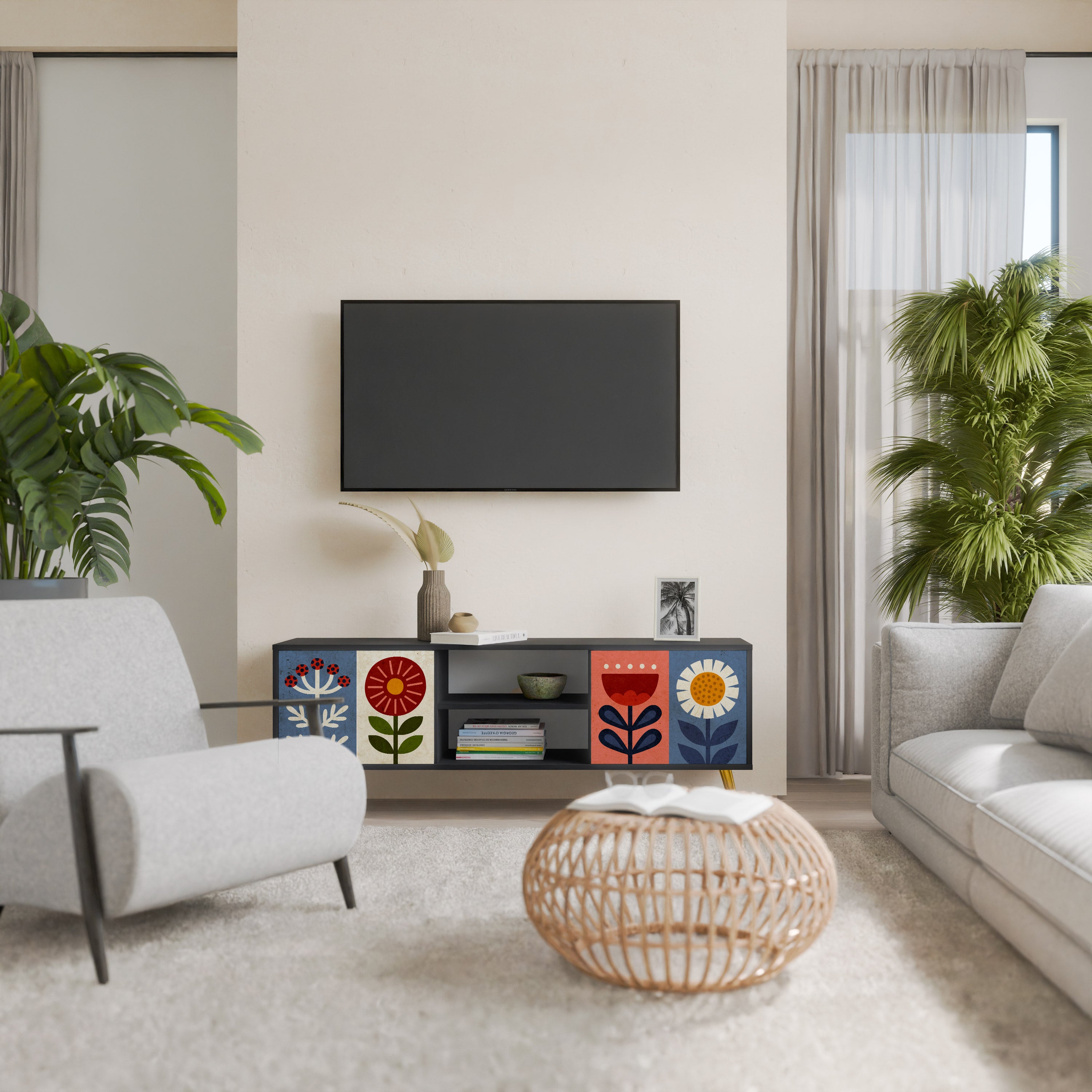 SCANDIC FLOWERET 2-Door TV Stand in Black Finish