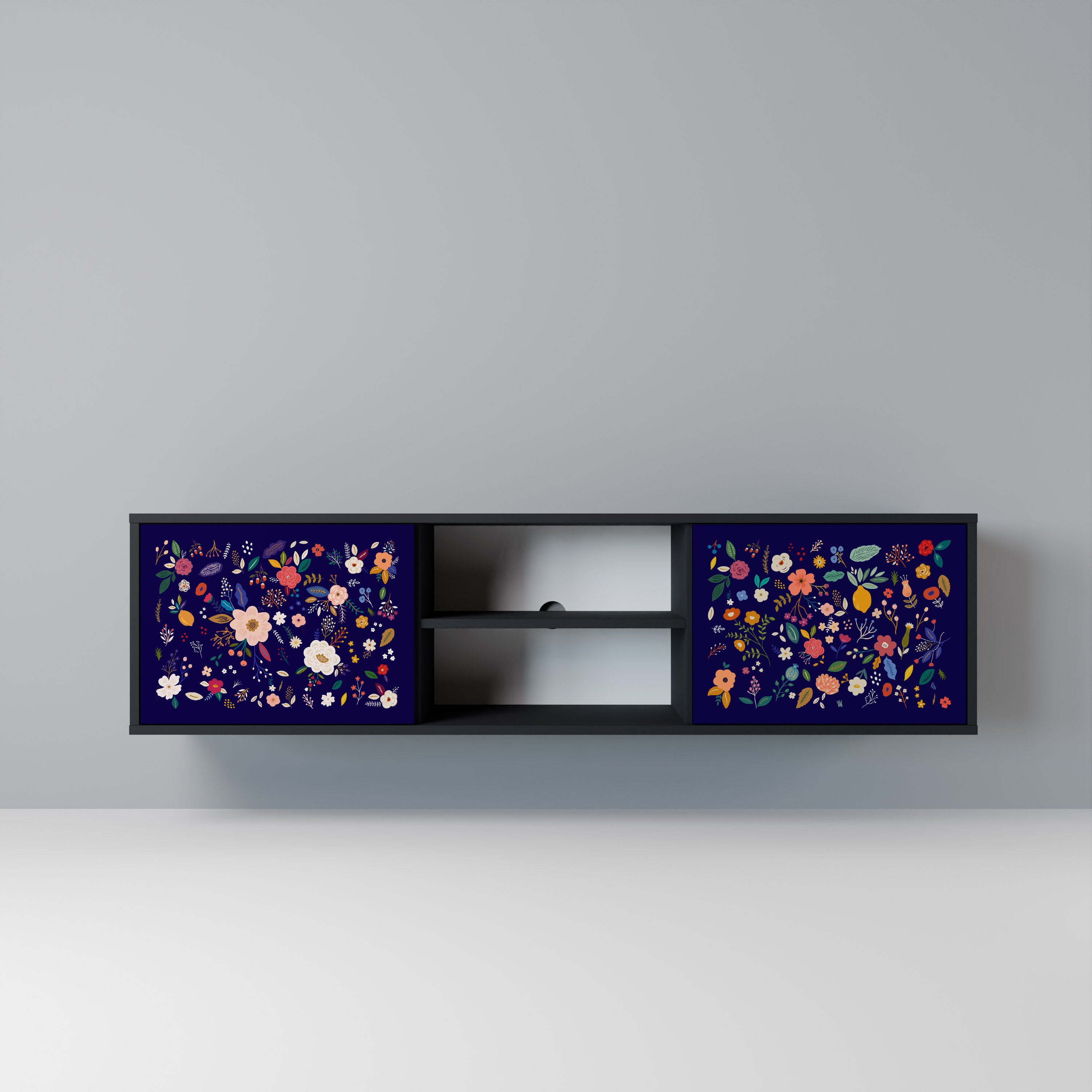 Mueble de TV de 2 puertas con combinación floral en acabado negro