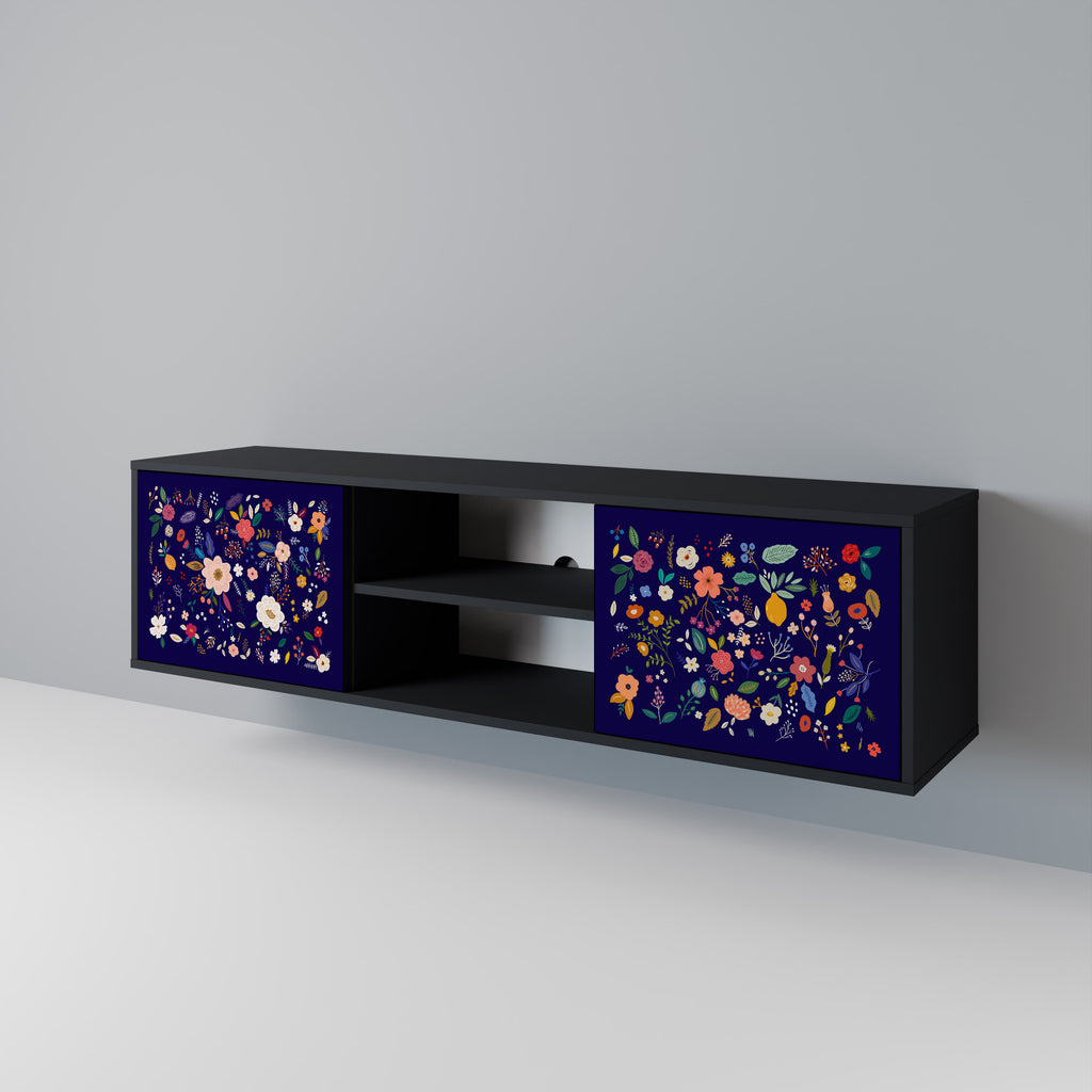 Mueble de TV de 2 puertas con combinación floral en acabado negro