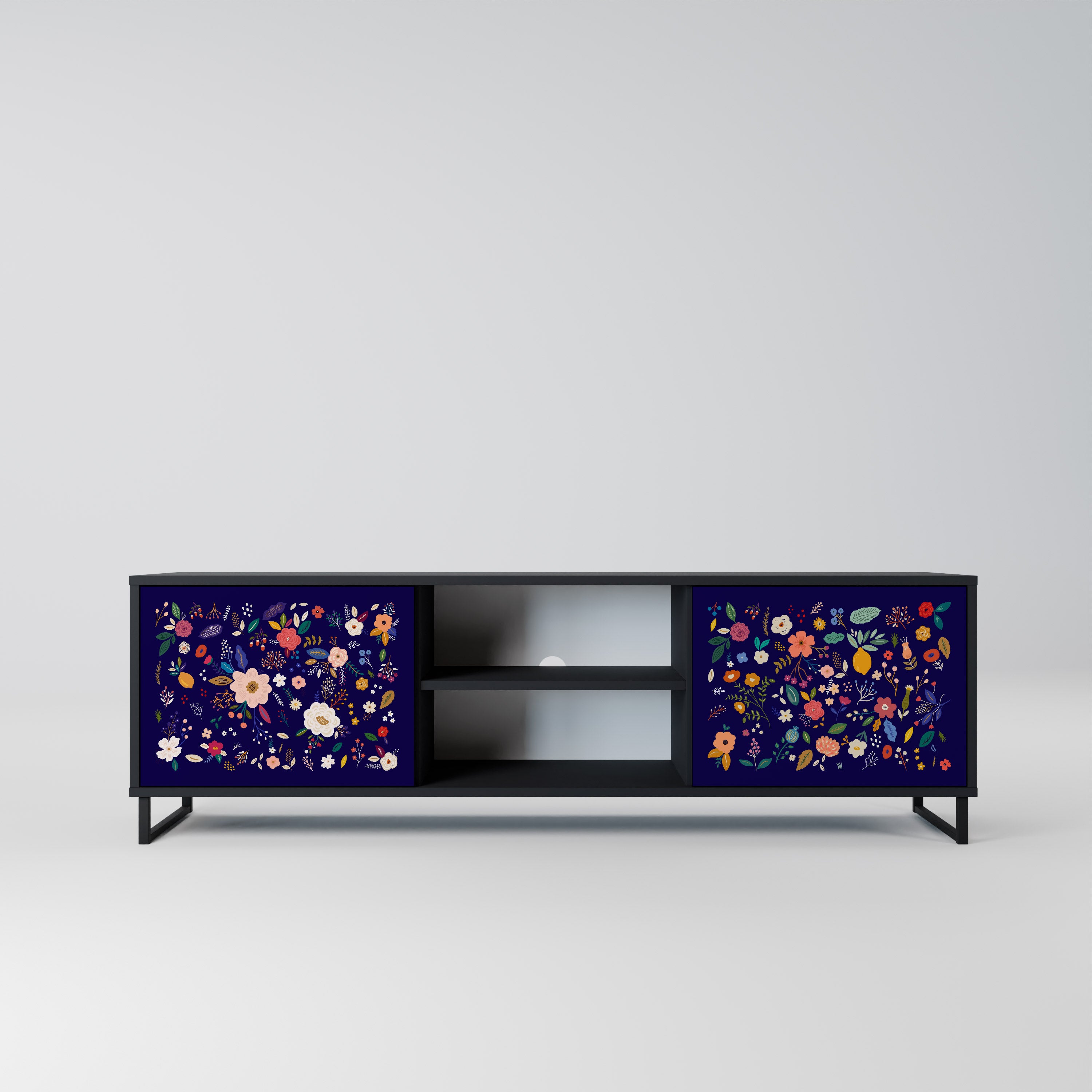 Mueble de TV de 2 puertas con combinación floral en acabado negro