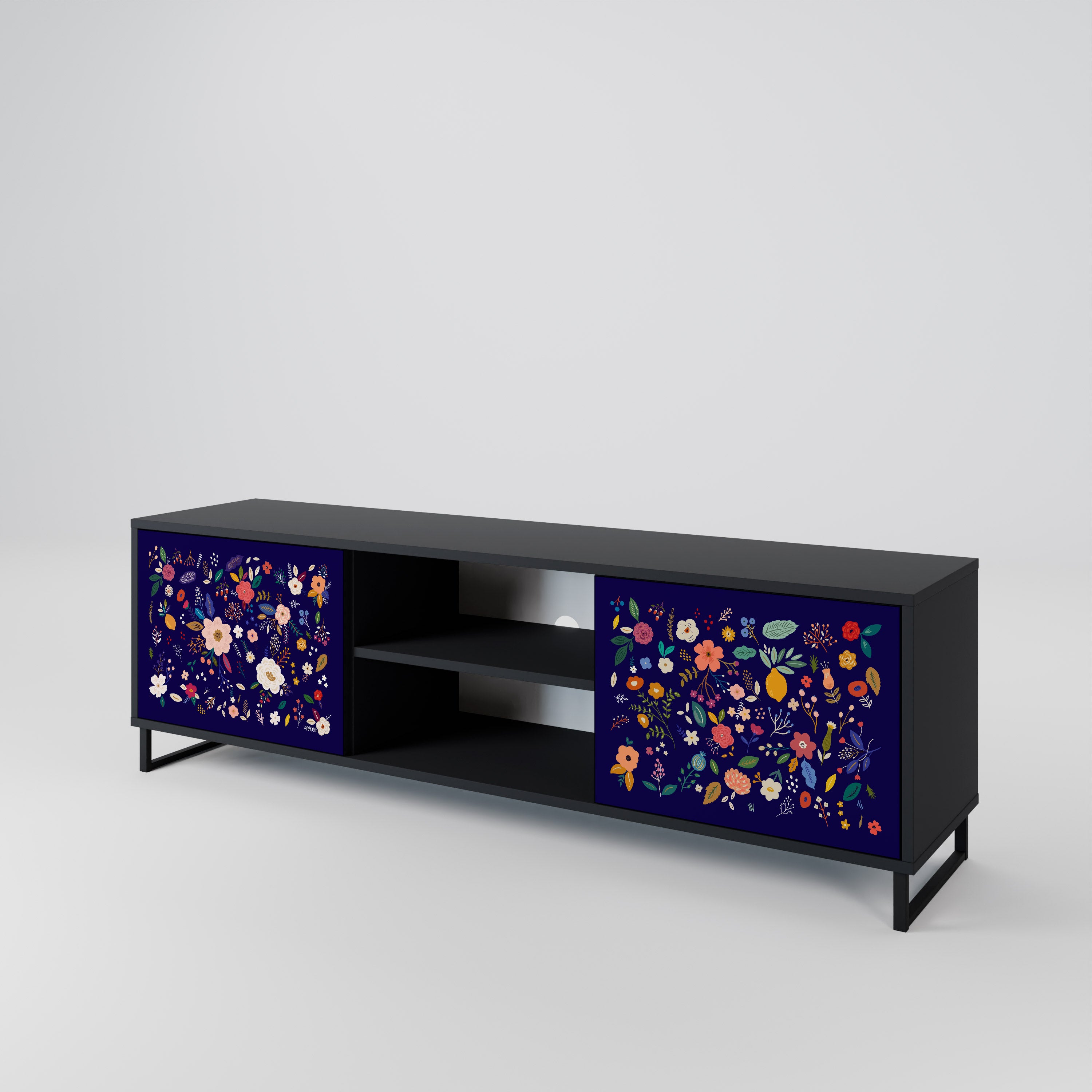 Mueble de TV de 2 puertas con combinación floral en acabado negro