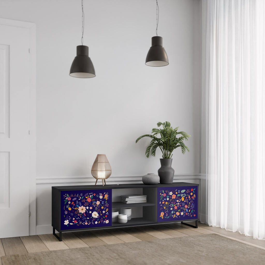 Mueble de TV de 2 puertas con combinación floral en acabado negro