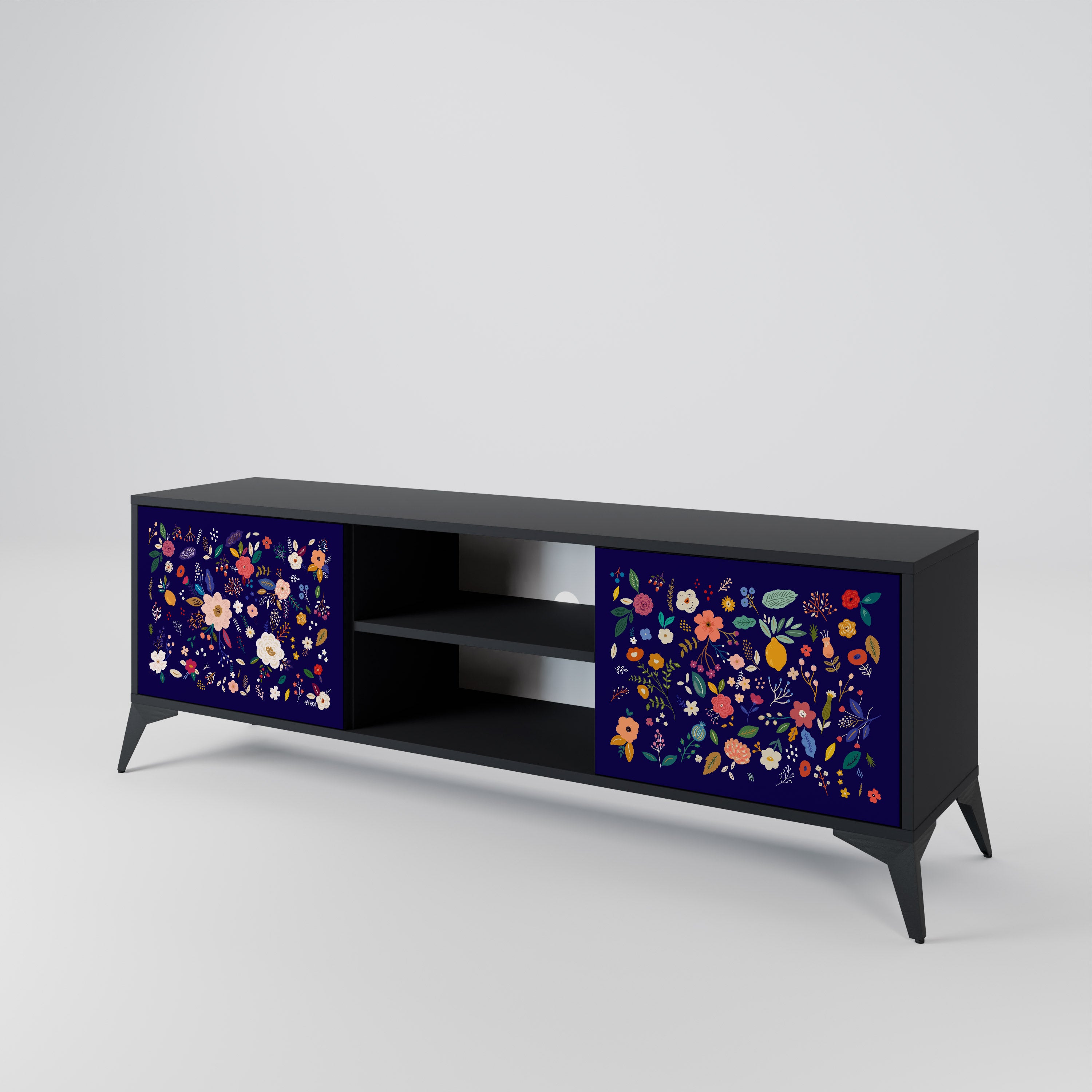 Mueble de TV de 2 puertas con combinación floral en acabado negro