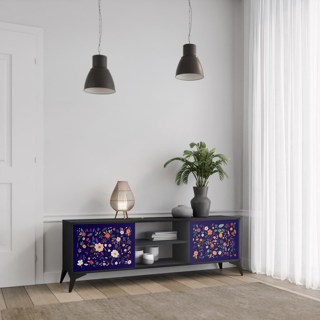 Mueble de TV de 2 puertas con combinación floral en acabado negro