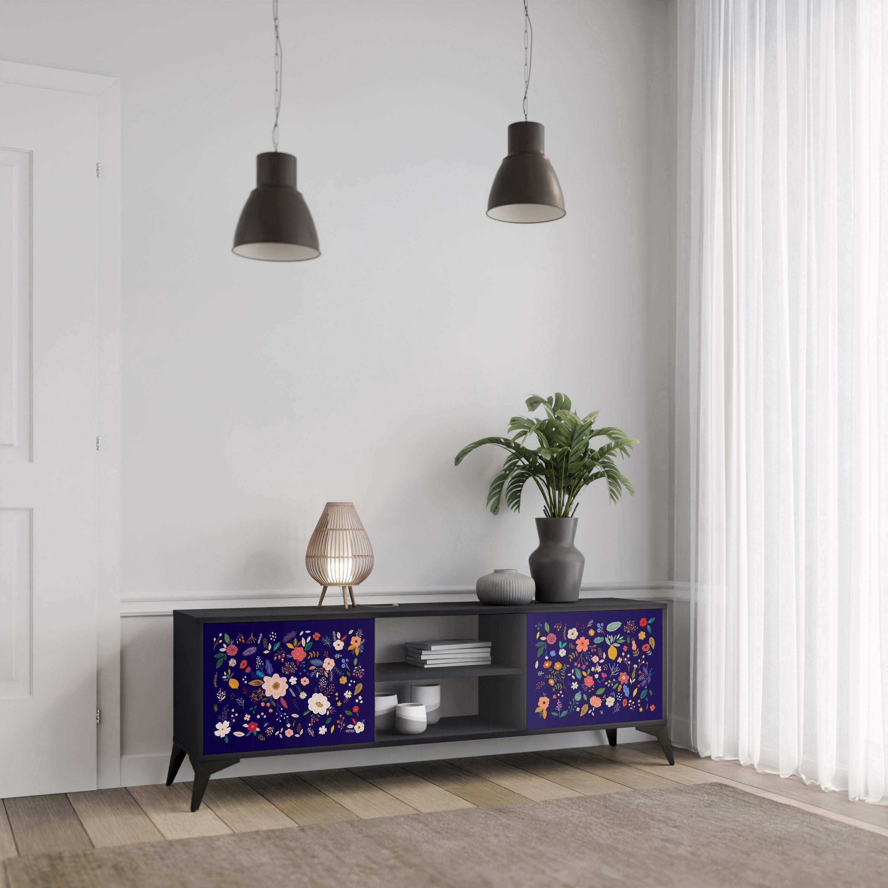 Mueble de TV de 2 puertas con combinación floral en acabado negro