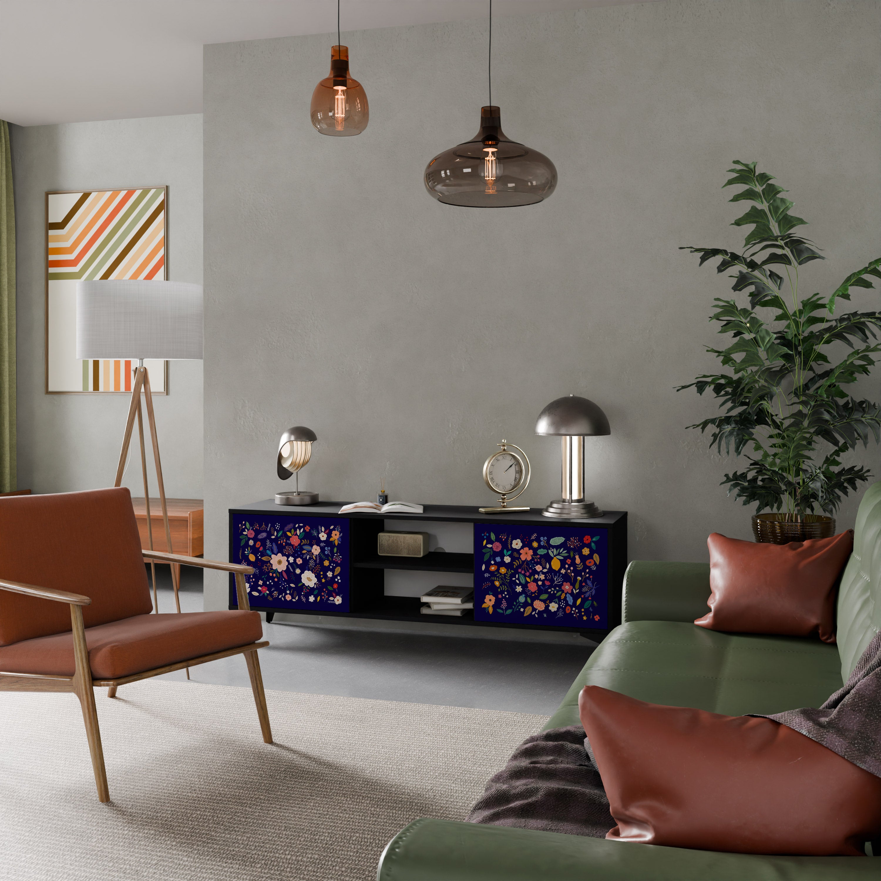 Mueble de TV de 2 puertas con combinación floral en acabado negro